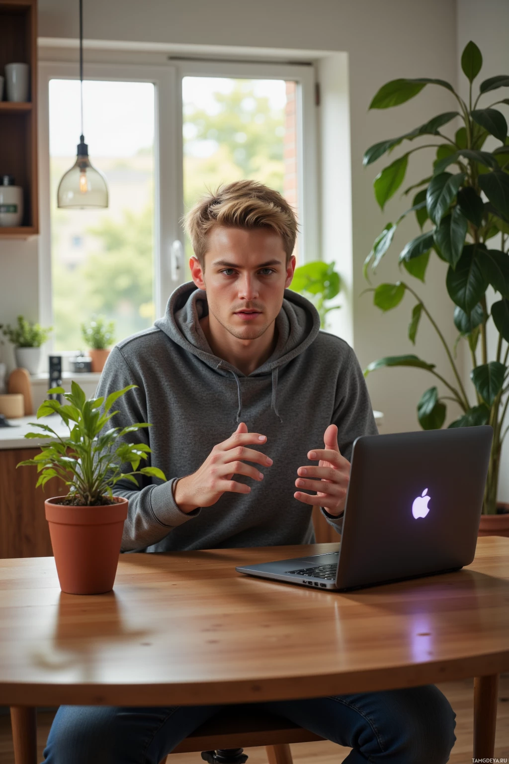 Realistic high quality photo. Male, 25, short blonde hair, blue eyes, wearing a simple grey hoodie and casual jeans, sitting at a kitchen table in a bright apartment in late afternoon, talking to a potted plant while a laptop with a blinking LED is open on the table.