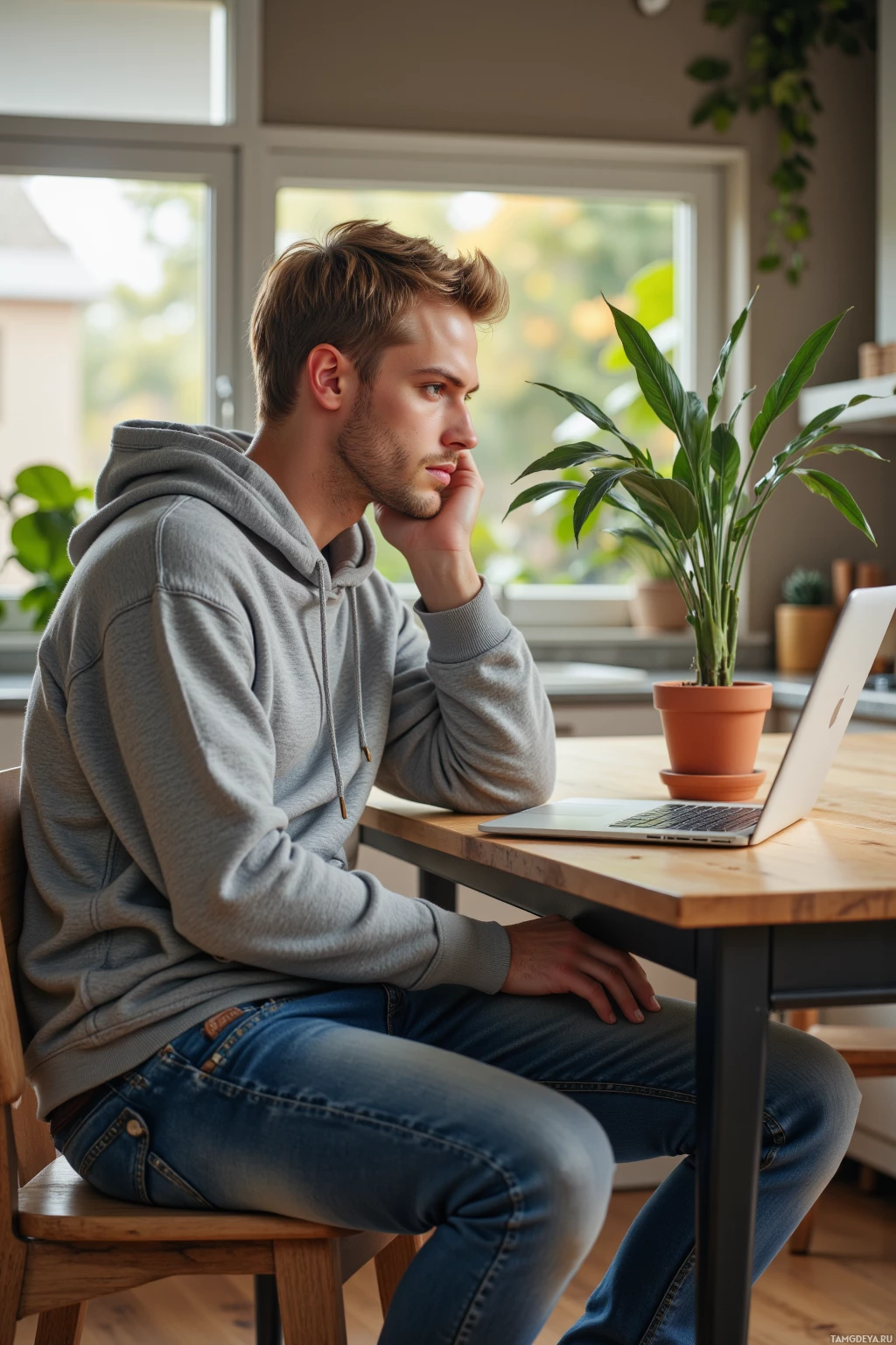 Realistic high quality photo. Male, 25, short blonde hair, blue eyes, wearing a simple grey hoodie and casual jeans, sitting at a kitchen table in a bright apartment in late afternoon, talking to a potted plant while a laptop with a blinking LED is open on the table.