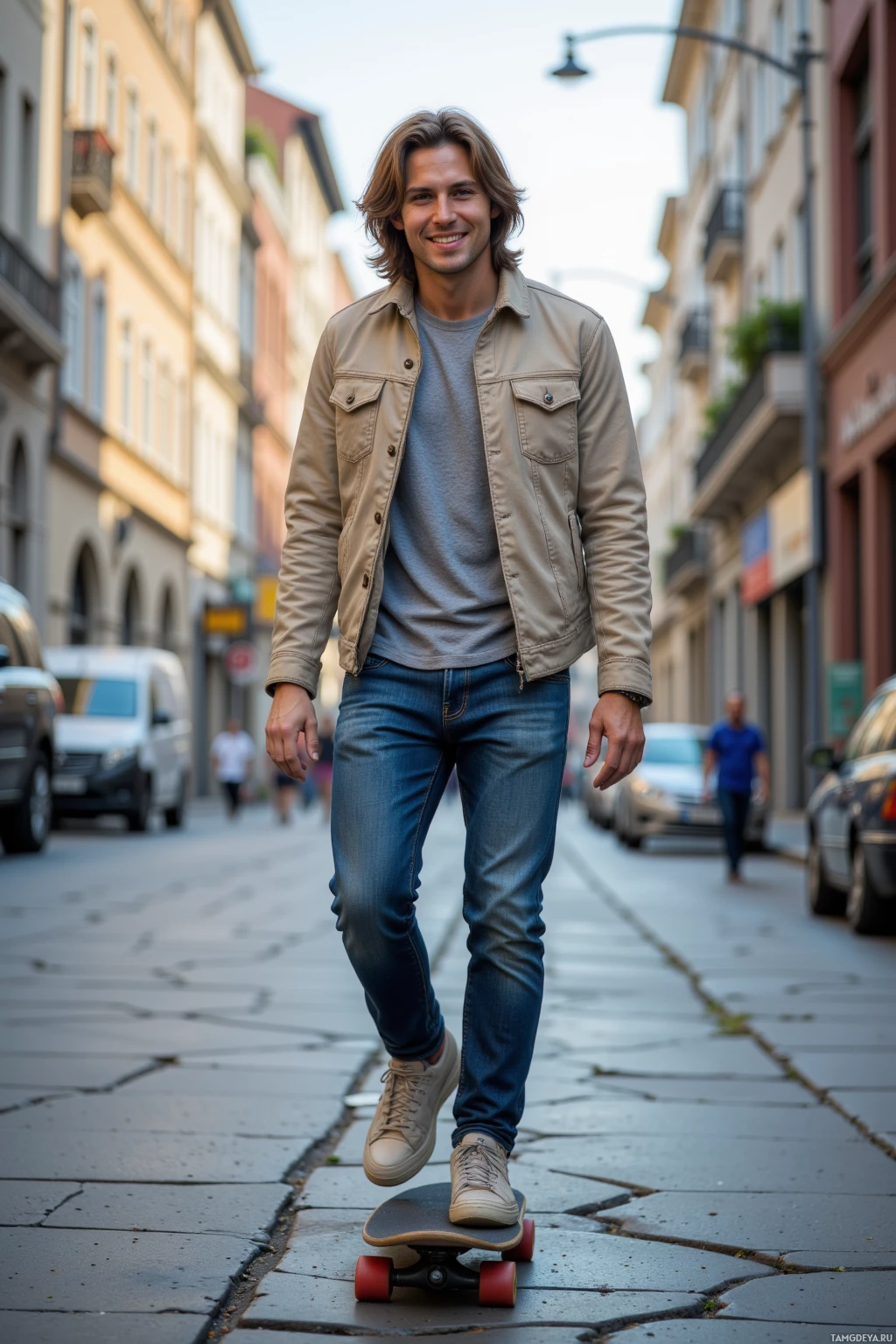 Realistic high quality photo. A 27‑year‑old man with medium‑length light brown hair and bright blue eyes, wearing a casual light jacket and denim jeans, skating on a cracked concrete street in the afternoon, grinning confidently as his board glides through the urban environment.