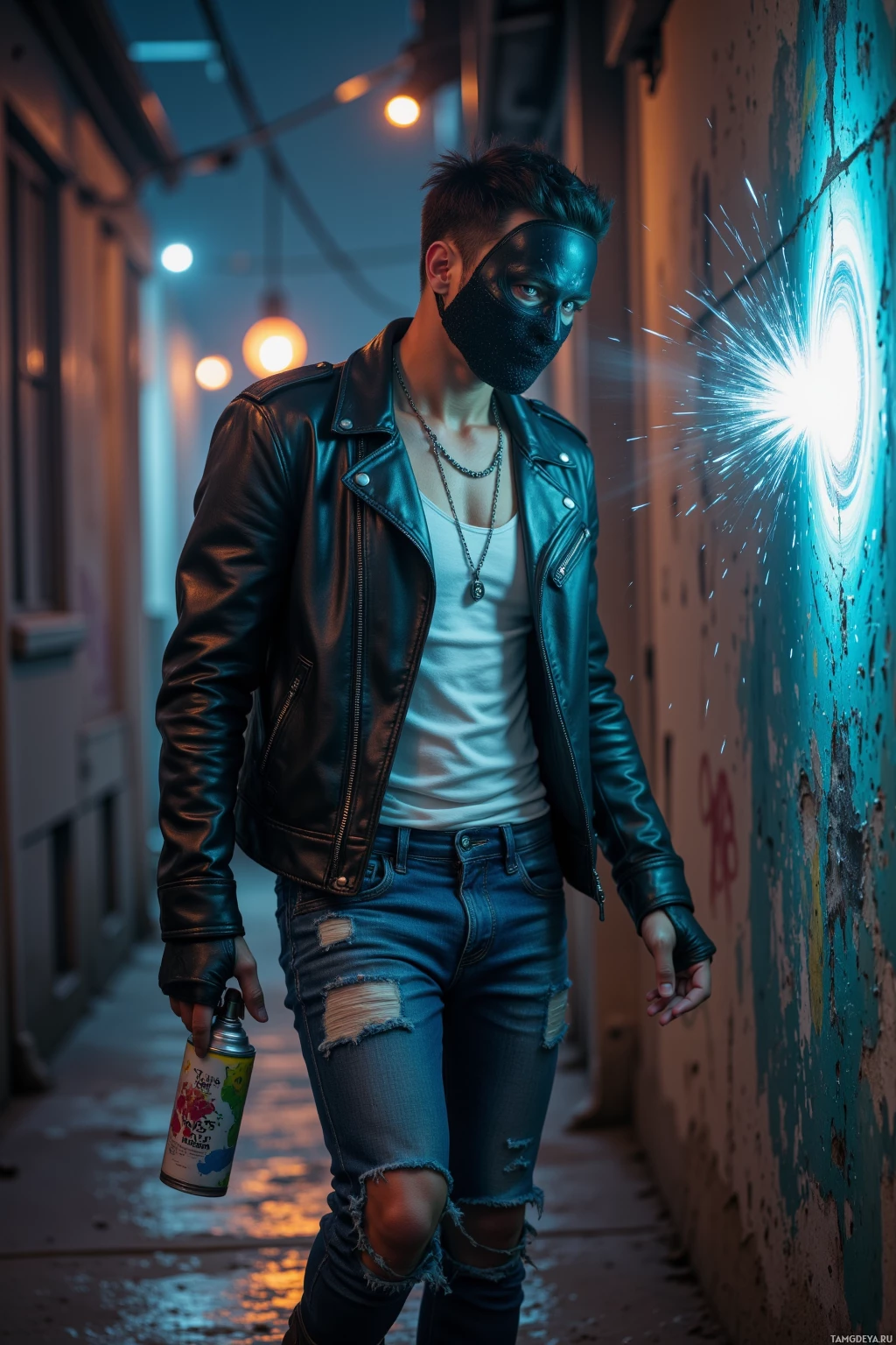 Realistic high quality photo. Masked 27‑year‑old male street artist with short dark hair, green eyes, black leather jacket over a white tank top, denim jeans, combat boots, and a silver chain holding a spray‑can pendant, spraying a bright burst of color on a dimly lit concrete corner wall at midnight in an alley, mid‑stride and exuding rebellious purpose in a modern urban setting.