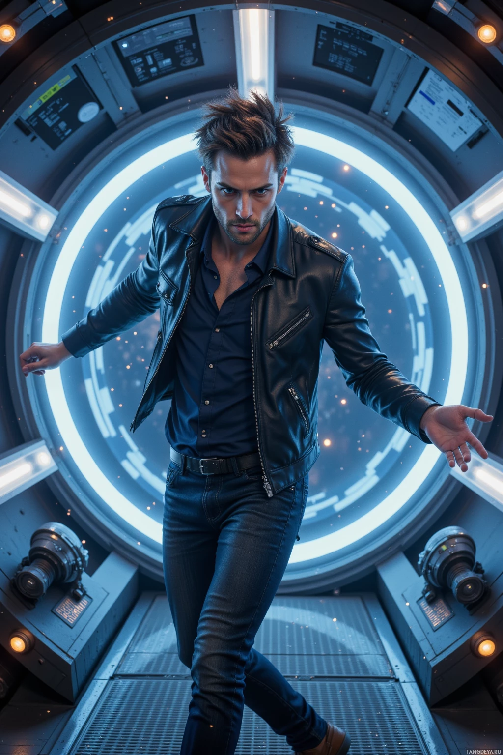 Realistic high quality photo. Male, 28, light brown spiky hair, bright blue eyes, wearing a fitted black leather jacket over a dark shirt and slim dark jeans, dancing with fluid, choreographed movements inside a spaceship's quantum core chamber where glowing hull panels pulse like drumbeats, illuminated by blue‑white quantum light, orbiting a distant nebula.