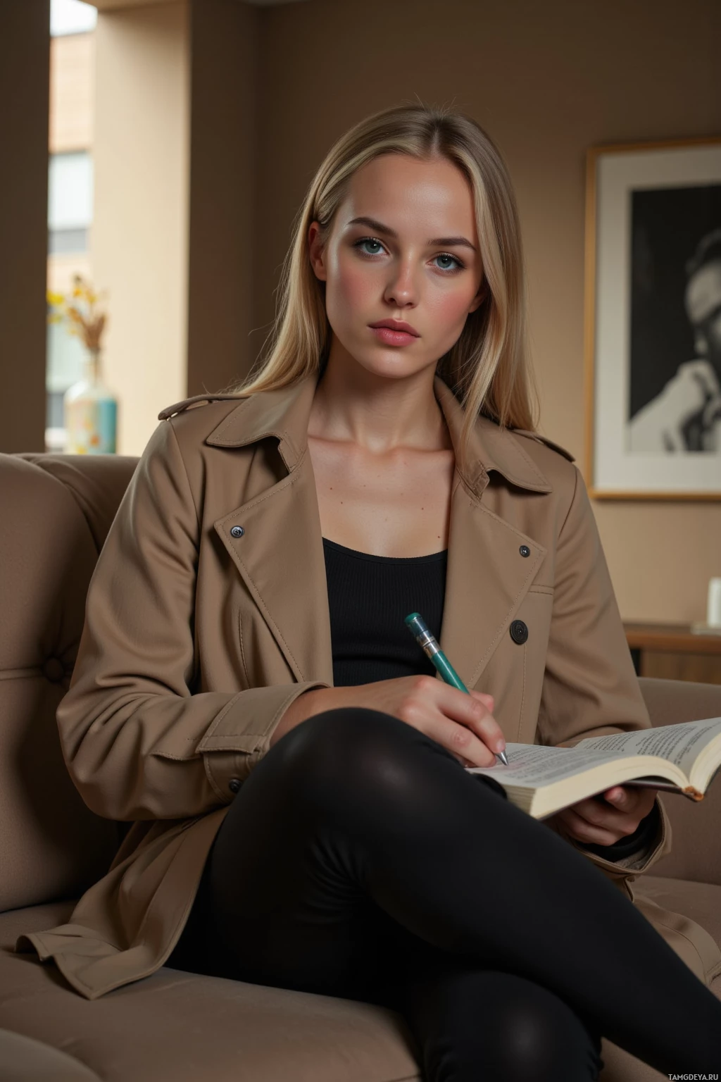Realistic high quality photo. Woman, 29, long blonde hair, blue eyes, fair skin, wearing a sleek trench coat, seated on a beige sofa in a dimly lit modern apartment, writing a script in a notebook as soft beige light filters through a small window and shadows fall across the floor.