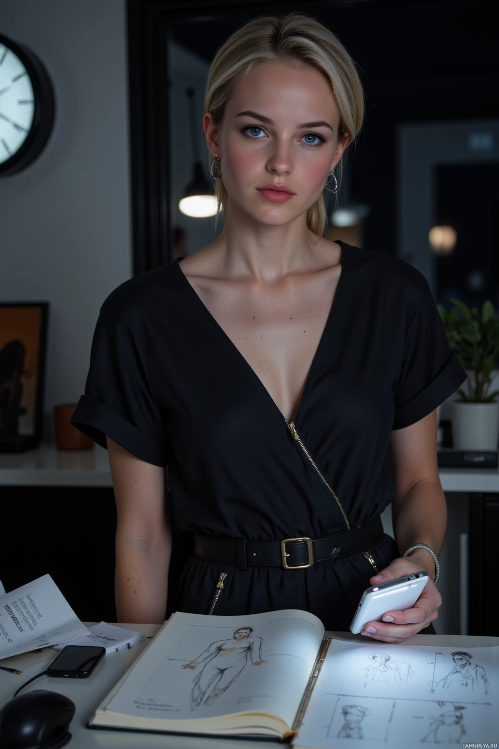 Realistic high quality photo. 27-year-old woman with short blonde hair, blue eyes, wearing a black jumpsuit with metallic accents and bold silver earrings, standing confidently at a desk in a dimly lit modern apartment at midnight, laptop screen glowing, a wall clock showing 12:00 AM, holding a phone displaying a coupon code, her gaze drifting to a sketchpad with unfinished outfit designs, surrounded by organized notes and a faint clock glow, reflecting her deal‑hunting and fashion‑planning energy.
