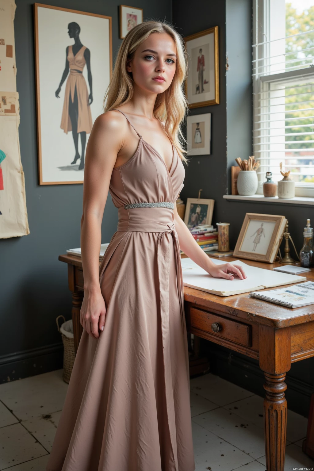 Realistic high quality photo. Tall woman in her late twenties, long loose blonde hair, bright blue eyes, porcelain skin, high cheekbones and slender nose, wearing a vintage floor‑length evening dress cinched with a delicate silver belt, stands in a modern studio where early morning light filters through blinds onto an old oak desk, sketching a trench coat silhouette with an asymmetrical cut, confident and focused, surrounded by fabric swatches, sketchbooks and a quiet, conspiratorial atmosphere.