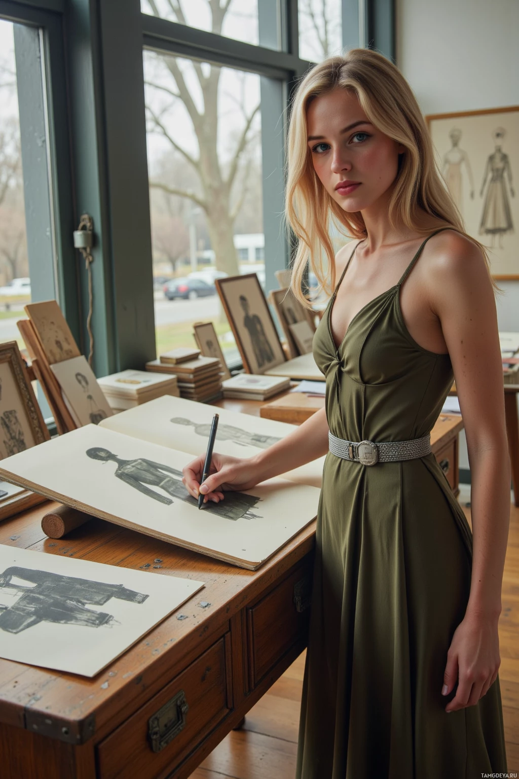 Realistic high quality photo. Tall woman in her late twenties, long loose blonde hair, bright blue eyes, porcelain skin, high cheekbones and slender nose, wearing a vintage floor‑length evening dress cinched with a delicate silver belt, stands in a modern studio where early morning light filters through blinds onto an old oak desk, sketching a trench coat silhouette with an asymmetrical cut, confident and focused, surrounded by fabric swatches, sketchbooks and a quiet, conspiratorial atmosphere.