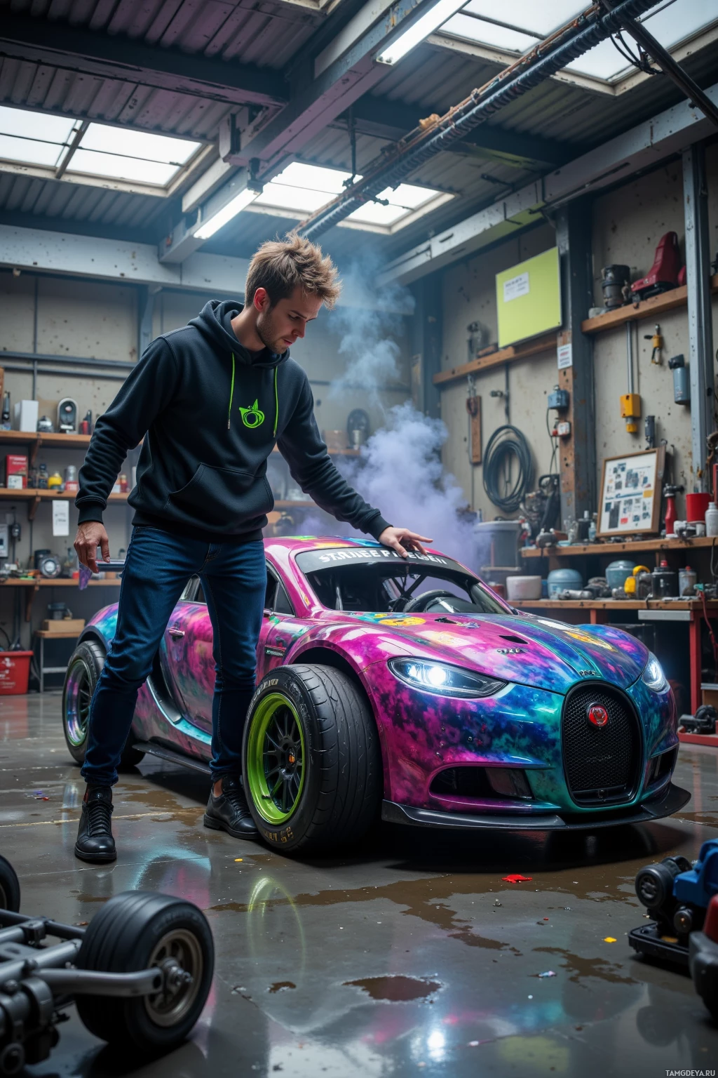 Realistic high quality photo. Man, 28, short light brown hair, bright blue eyes, wearing a sleek black hoodie with neon green accents and jeans, standing in a cluttered futuristic garage coaxing a racing car with swirling paint like a nebula while a half‑baked ignition sputters and the engine shudders in a 30‑second sprint, surrounded by scattered tools and a gleaming chrome chassis.