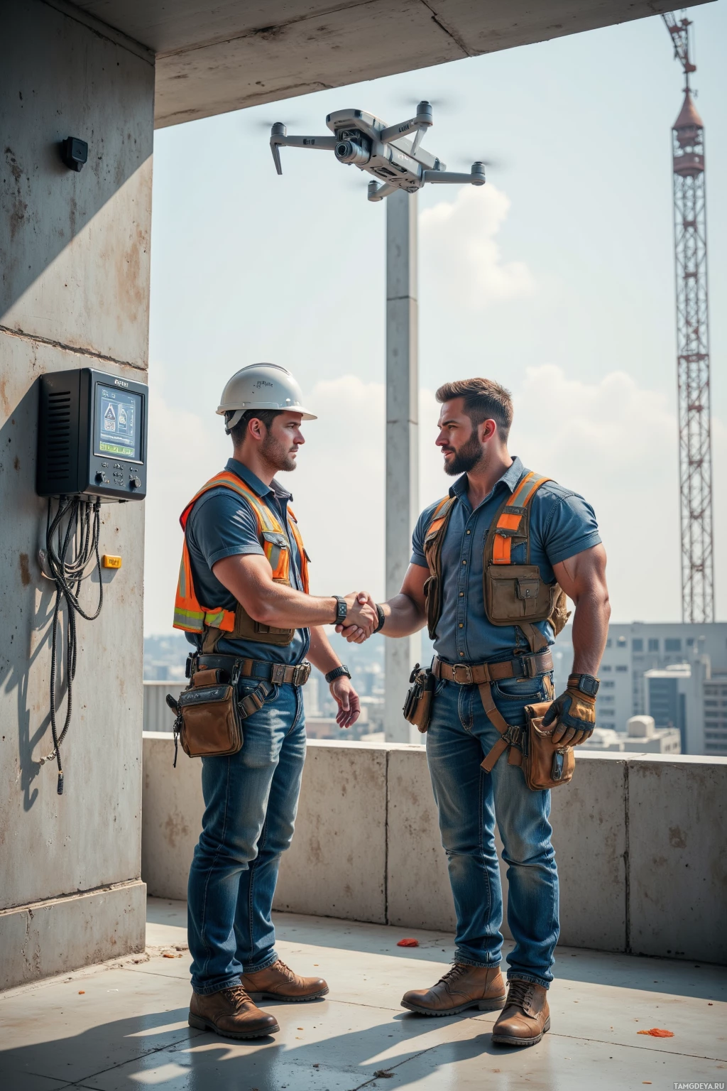 Realistic high quality photo. A muscular 31‑year‑old construction worker with short dark brown hair, blue eyes, tanned weathered skin, wearing a rugged work shirt, dark jeans, sturdy boots and gloves, standing on a modern construction site beside a smart‑sensor wall with a hovering drone, holding a coffee machine, shaking hands with a foreman in a concrete crew area at midday, with a partially built steel beam rising behind them.