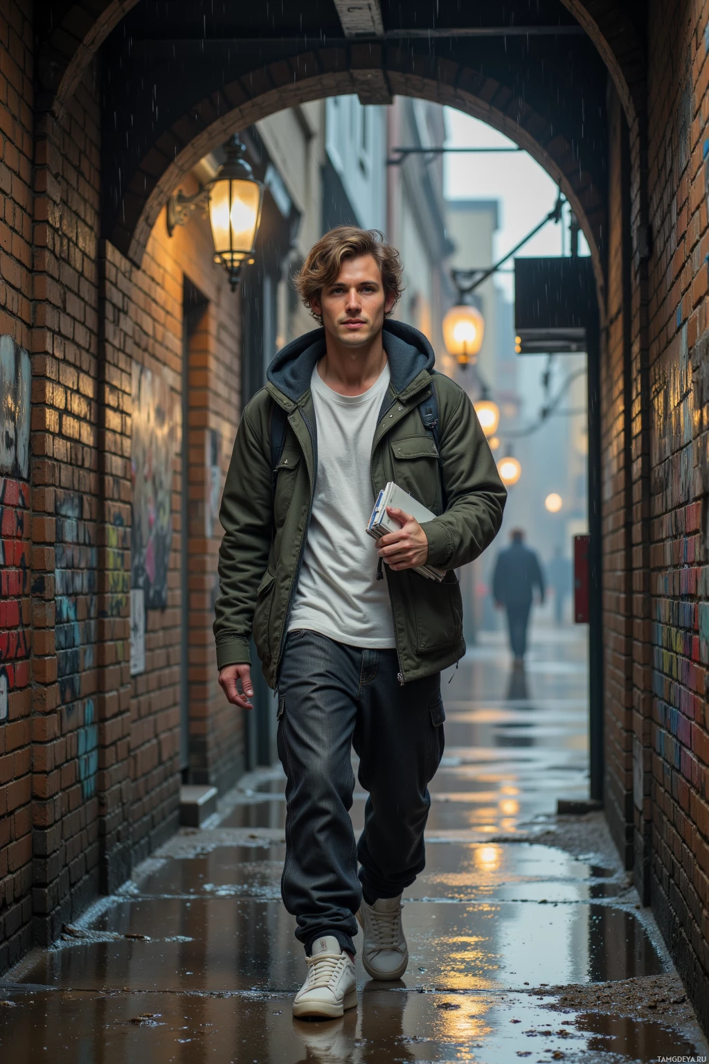 Realistic high quality photo. A 29‑year‑old man with light brown messy hair and green eyes, wearing loose‑fitting urban streetwear and classic white sneakers, strides through a rain‑slick alley behind an old subway station, his footfalls echoing like drums against wet brick walls, a sketchbook tucked under one arm as he observes graffiti, puddles reflecting dim lights, a playful grin on his face amid the urban gloom.