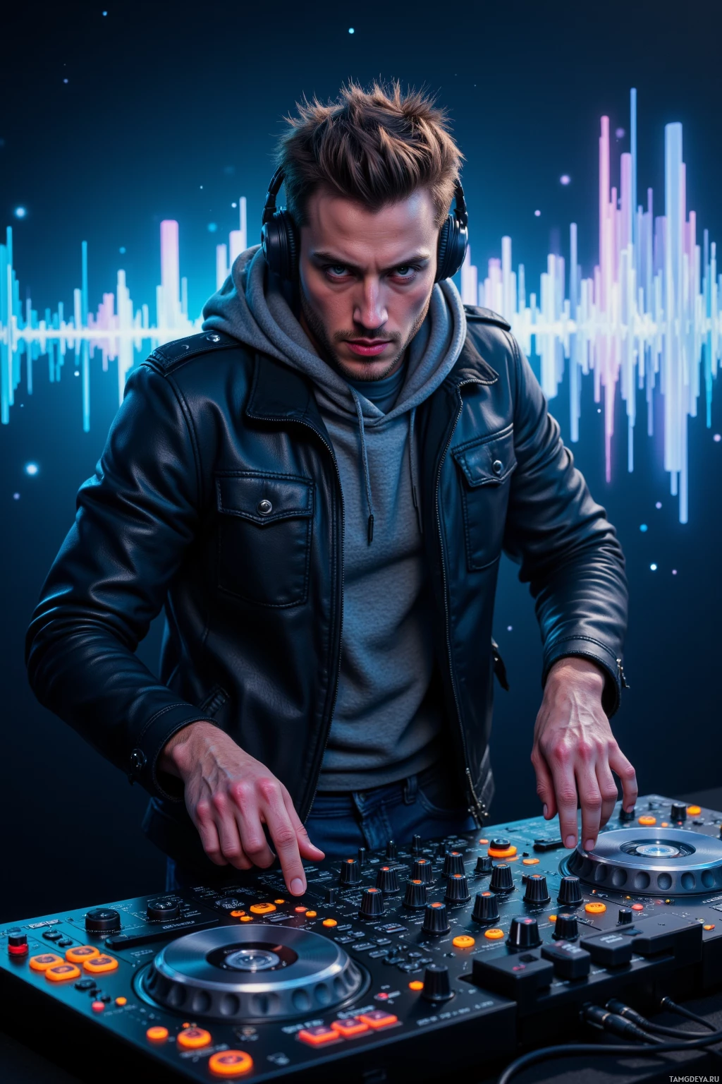 Realistic high quality photo. Male DJ, 29, spiky light brown hair, piercing blue eyes, white skin, black leather jacket, jeans, Converse, headphones, intensely focused behind a dimly lit studio mixing desk with DJ gear, glitchy bass vibrations forming shimmering soundwave graphics in the air, his posture dynamic and restless, capturing the rush of chasing the crowd's pulse.