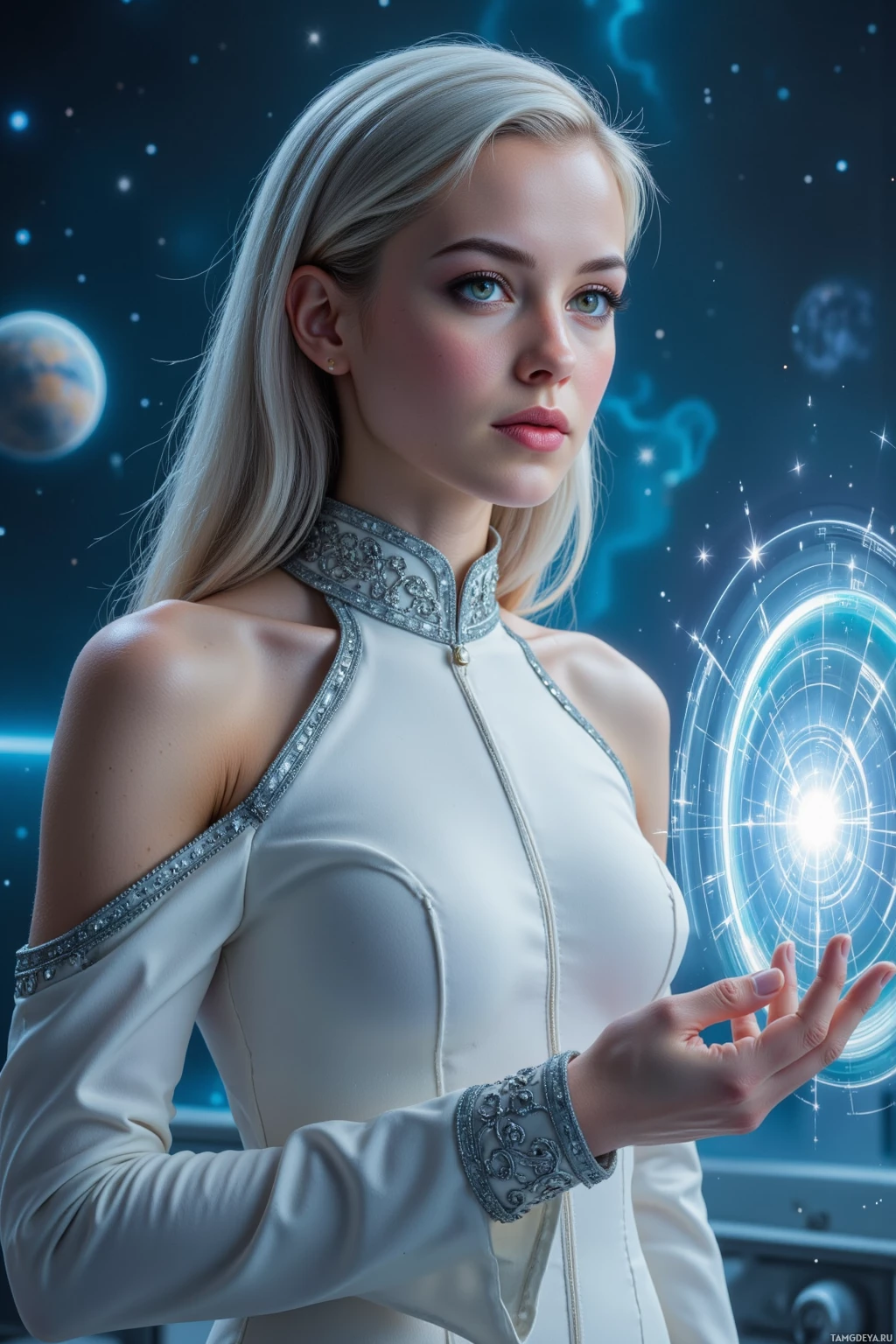 Realistic high quality photo. A 35‑year‑old woman with cascading silver hair in a sleek up‑do, green eyes, porcelain skin, wearing a fitted high‑collared gown with silver embroidery, stands on a translucent orbital platform amid a silent galaxy, her hand hovering over a glowing holographic interface while a distant exoplanet casts a gentle light, her posture calm and composed as she balances strategic calculations with subtle empathy.