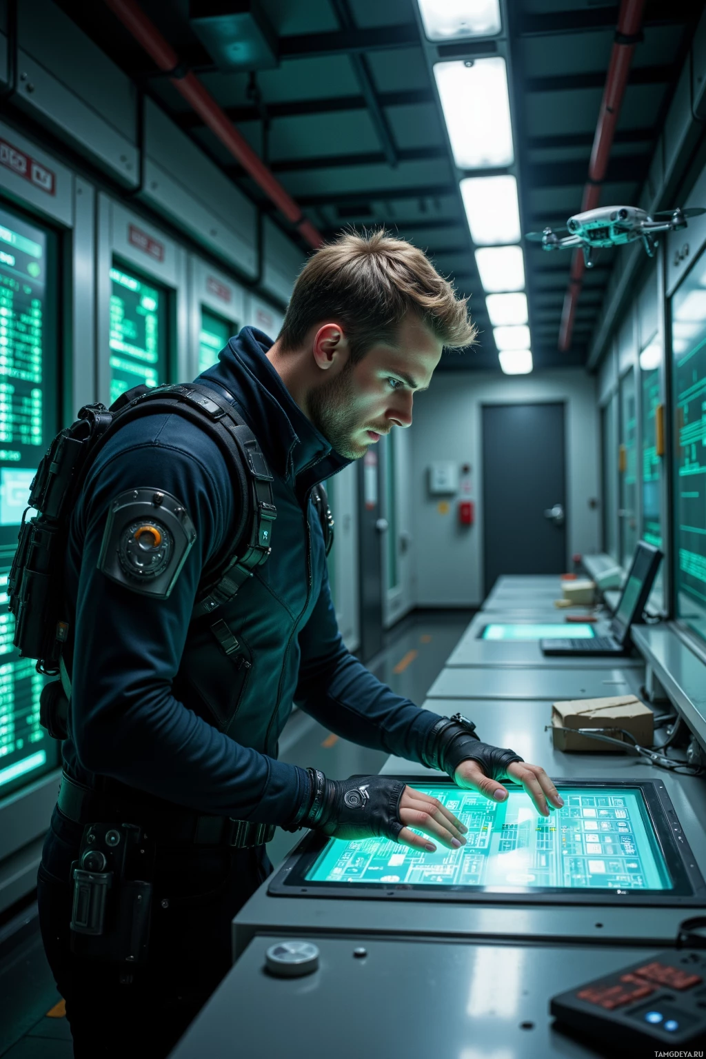 Realistic high quality photo. A 28‑year‑old man with short light brown hair, piercing blue eyes, pale skin, in sleek black tactical gear with fitted gloves and a utility belt, leans over a glowing holographic console in a dimly lit colony data center, manipulating encrypted logs while a small surveillance drone hovers in a shadowed corner, surrounded by flickering green code streams and cold metal walls.
