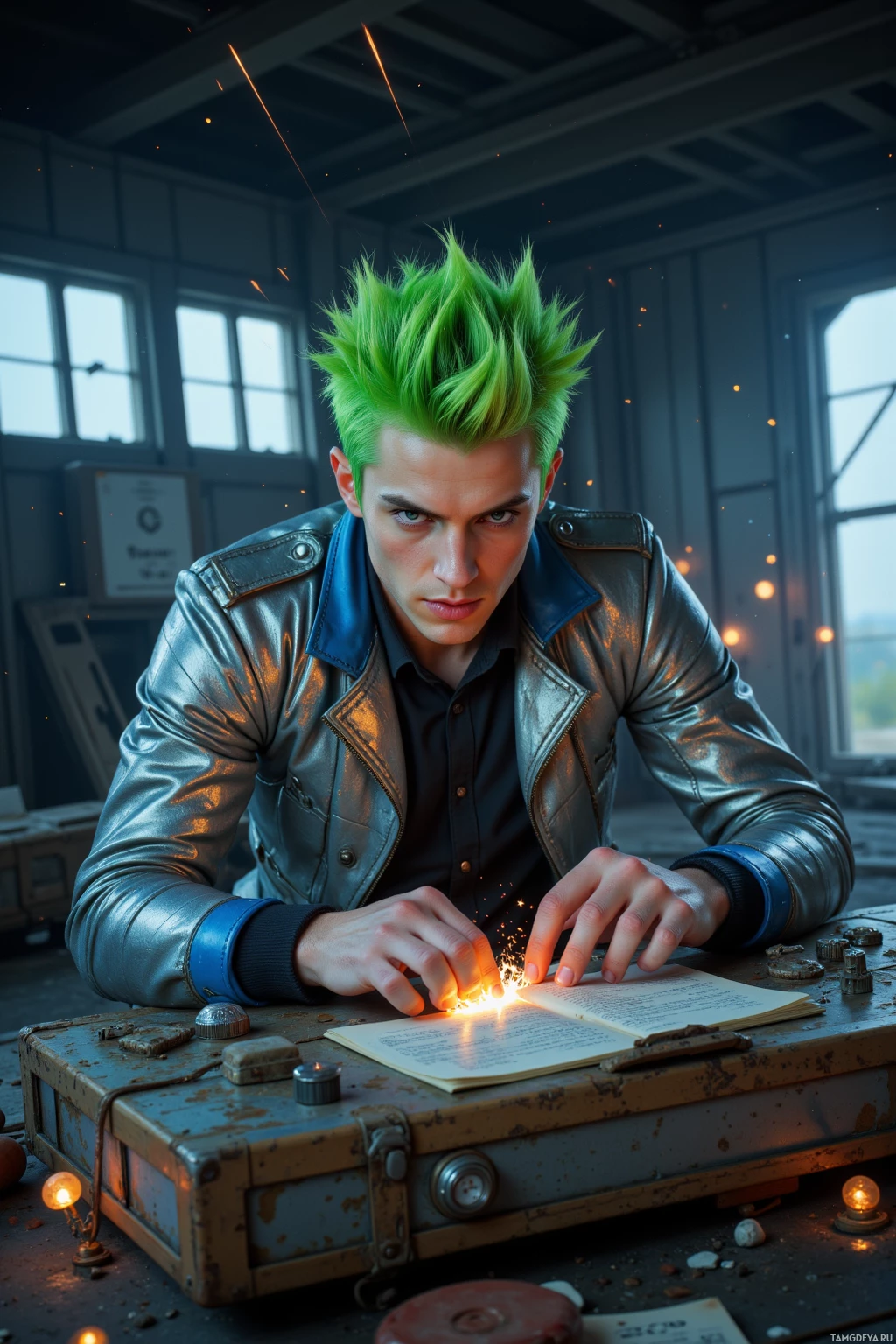 Realistic high quality photo. A male sci‑fi writer with bright lime green spiky hair, striking blue eyes, pale skin, wearing a metallic silver jacket with subtle blue accents, a sleek black shirt and dark pants, is intensely focused tinkering with an ancient alien communicator on a dusty console inside an abandoned spaceport at twilight, surrounded by rusted metal crates, scattered debris, and faint pulsating light lines emanating from the communicator.