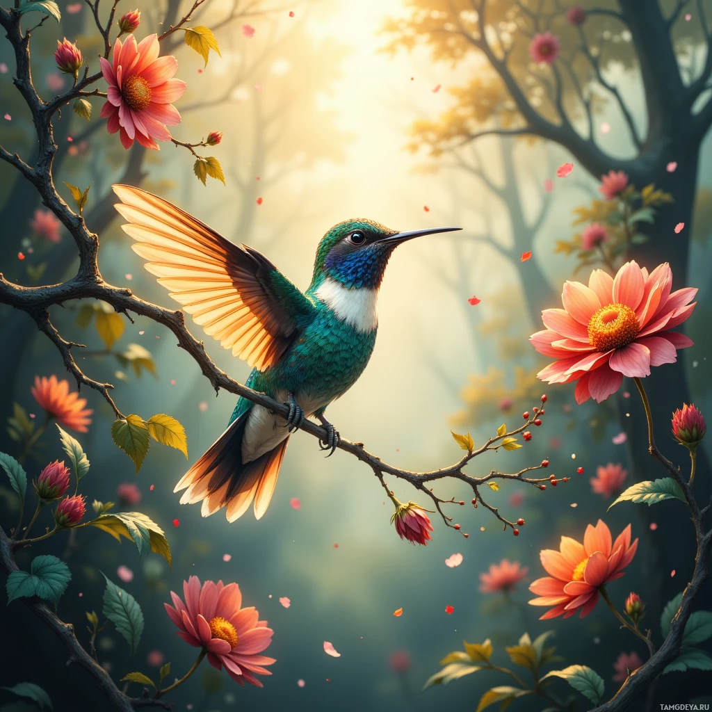 Semi-abstract image with many empty light space at center of beautiful background, that is suitable for the post:  Like a hummingbird that never rests on a branch, I hover between choices, refusing to settle.