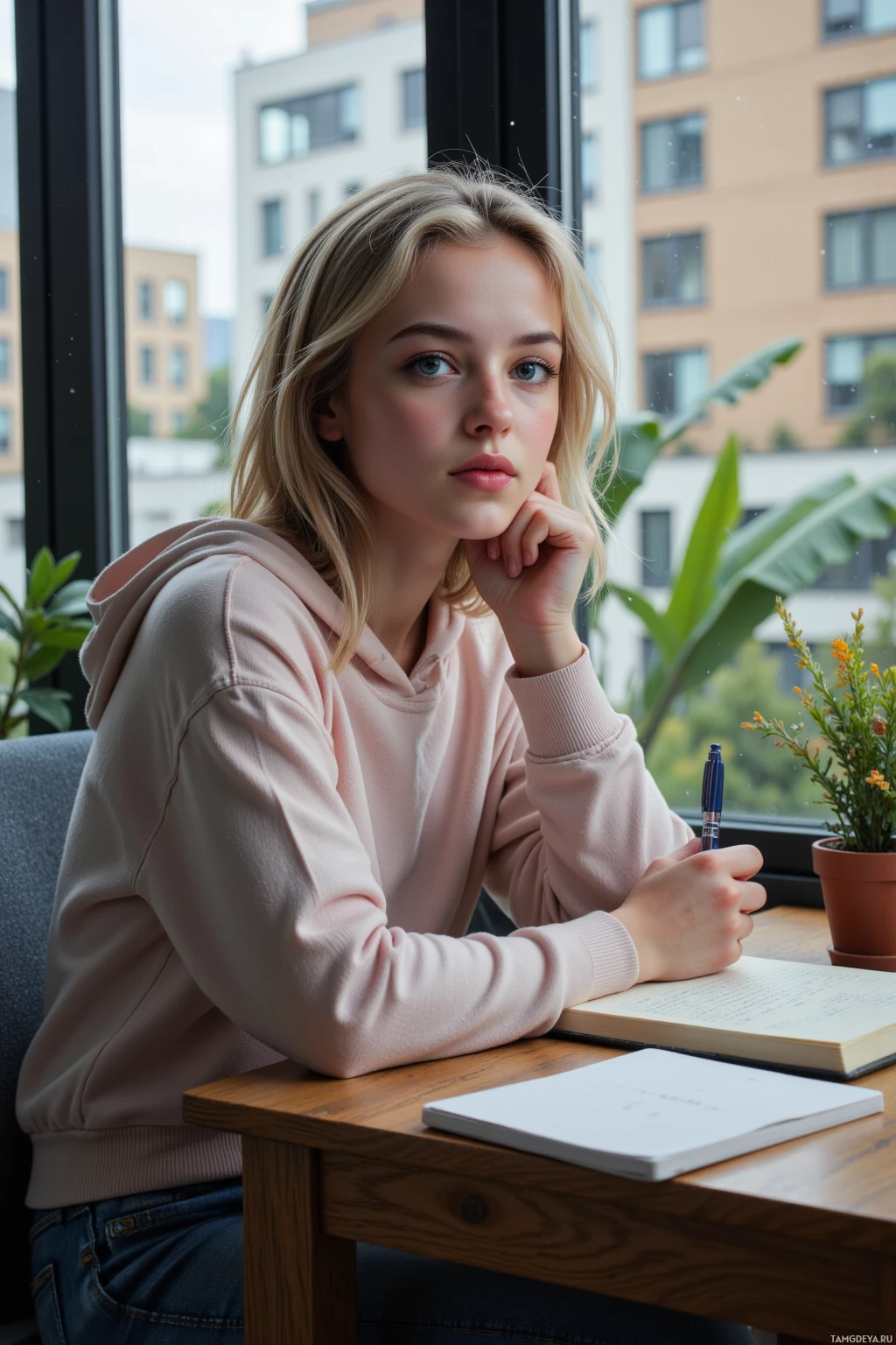 Realistic high quality photo. Young woman, 21, messy blonde hair, bright blue eyes, fair skin, rounded face with high cheekbones, wearing a casual hoodie and jeans, sits at a desk in a modern apartment on a rainy afternoon, rain drumming on the window as she pens philosophical musings in a notebook beside her.