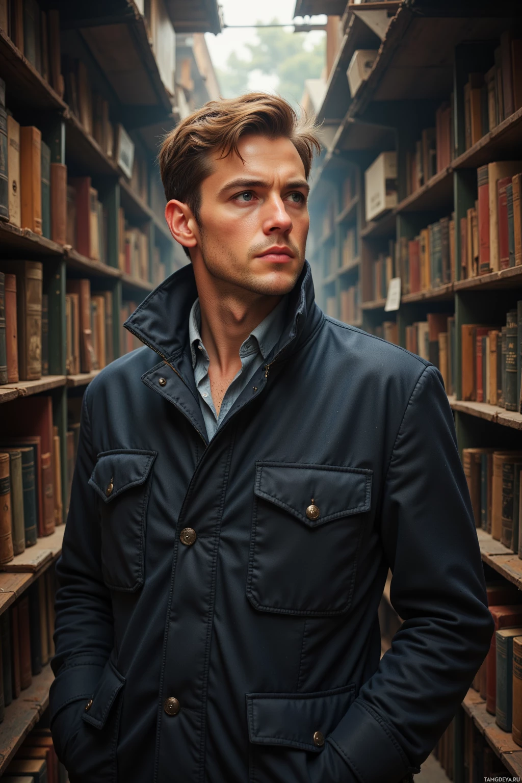 Realistic high quality photo. Man, 32, short light brown hair, blue eyes, wearing a structured pilot jacket over a crisp shirt, stands in a narrow, labyrinthine hidden bookstore with towering book stacks, late afternoon light filtering through dusty windows, expression focused yet slightly frustrated.