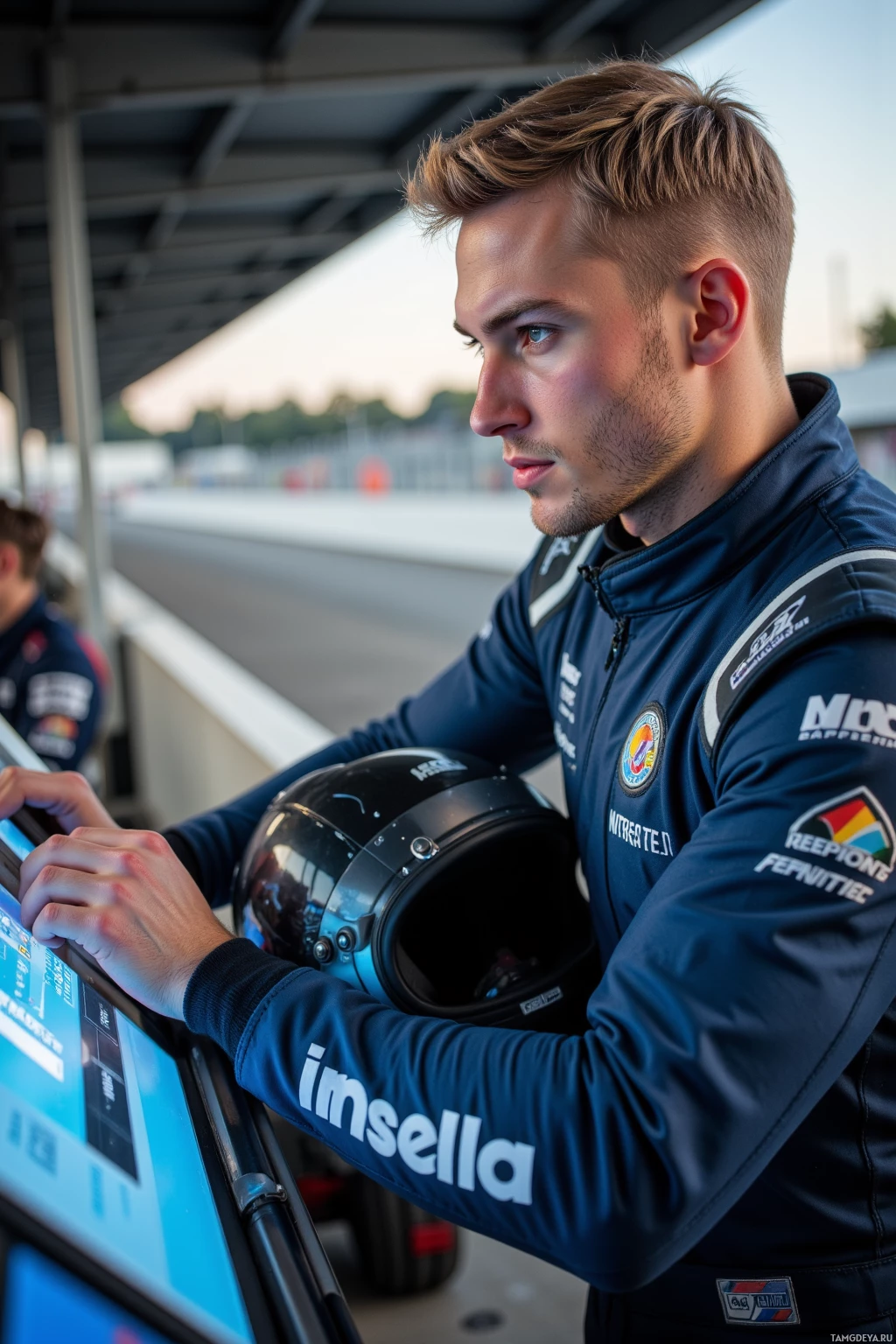 Realistic high quality photo. Morning on a test track, tall athletic male, 30, short blonde hair, blue eyes, sharp jawline, wearing a sleek racing suit with helmet under his arm, intensely focused as he adjusts a brake bias dial beside a glowing telemetry screen, the quiet hum of the clutch in the background.