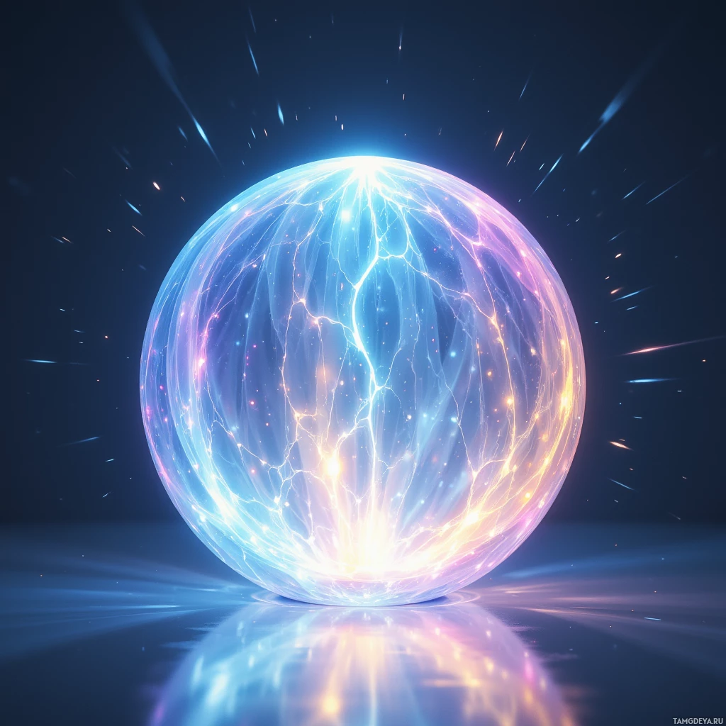Semi-abstract image with many light, that is suitable for the post:  A sleek translucent glass sphere with a smooth reflective surface, its shell shimmering with shifting pastel color gradients projected onto its surface, subtle luminous lines radiating outward to suggest gentle humming.