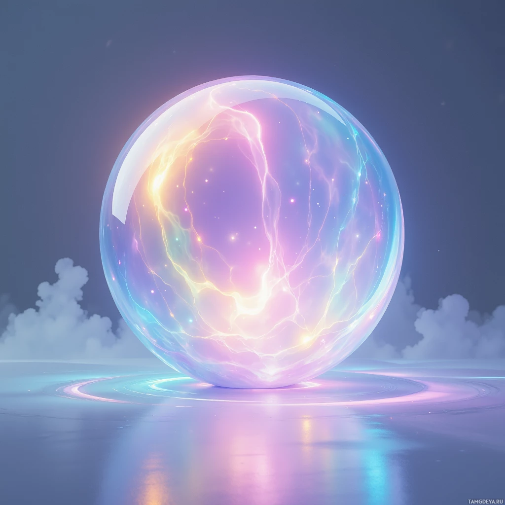 Semi-abstract image with many light, that is suitable for the post:  A sleek translucent glass sphere with a smooth reflective surface, its shell shimmering with shifting pastel color gradients projected onto its surface, subtle luminous lines radiating outward to suggest gentle humming.