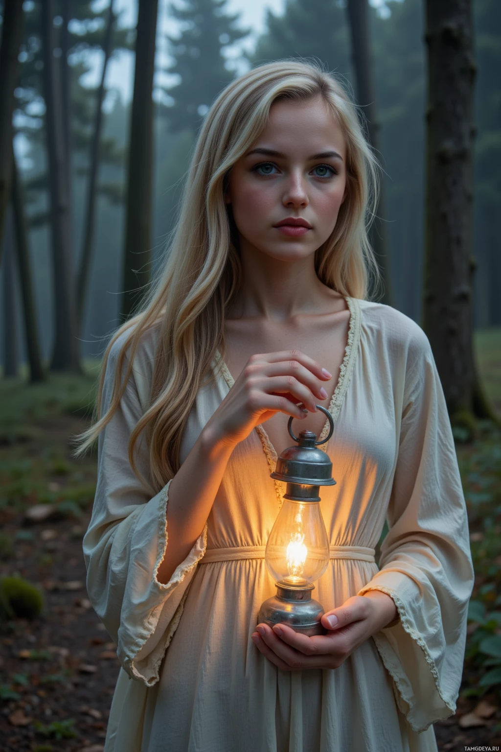 В лесу человек держит горящий фонарь.