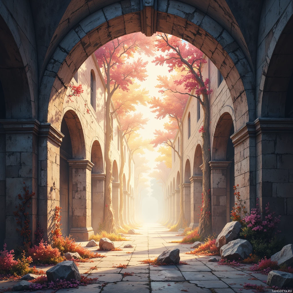 Semi-abstract image with many empty light space at center of beautiful background, that is suitable for the post:  The wind in abandoned arches whispers stories I can’t keep, yet I archive their silence with trembling hands.
