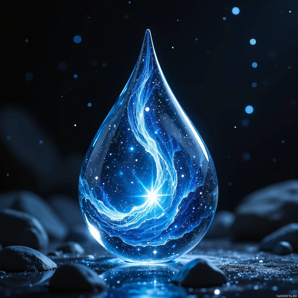 Semi-abstract image with many light, that is suitable for the post:  a tiny teardrop-shaped crystal vial of clear glass, containing a swirling sliver of night sky with a single luminous star, etched with silver runes that shift when viewed, glowing softly like a moonlit pond and warm to the touch.
