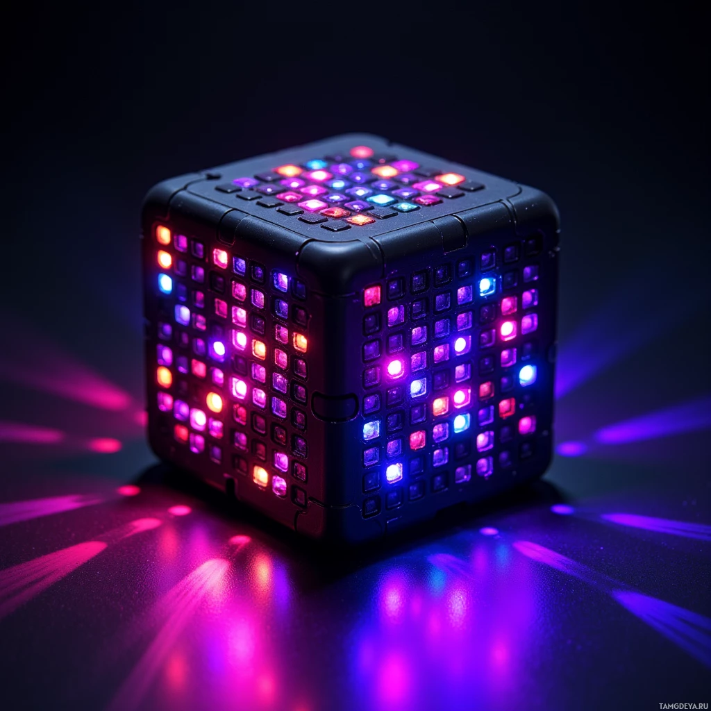 Semi-abstract image with many light, that is suitable for the post:  A tiny 3x3 LED cube with a sleek matte black shell, featuring a dense brain‑like grid of miniature LEDs that flicker with pixelated jokes in bright neon colors against the dark casing.