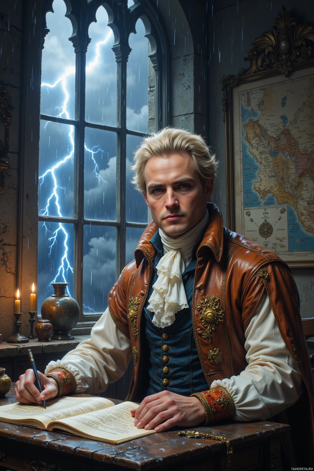 Realistic high quality photo. A tall, slender 38‑year‑old male with neatly styled blonde wig and sharp blue eyes, wearing a luxurious embroidered waistcoat, ruffled shirt, formal breeches, and gold pocket watch, sits at an ancient stone study table as stormy rain pours through a large window while lightning illuminates an old map on the wall.