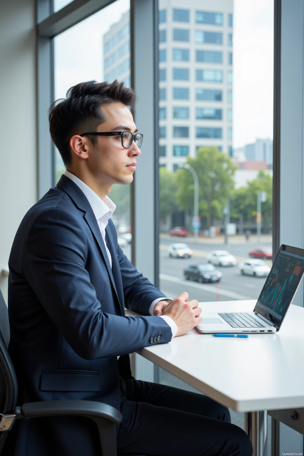 Realistic high quality photo. A composed 32‑year‑old man with short slicked‑back black hair, pale skin, rimless glasses, wearing a tailored suit, sits at a spotless modern office desk beside a large window overlooking a quiet city intersection, studying a strategic board projected on the glass, with soft late afternoon light illuminating the scene.