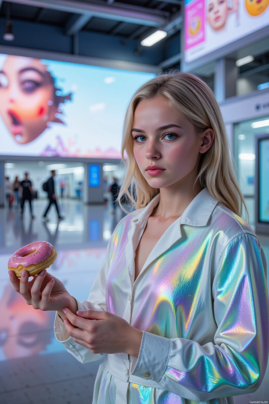 Realistic high quality photo. Female, 26, long blonde hair, pale iridescent glass skin, blue irisless eyes, loose iridescent jumpsuit, standing in a transit hub with holographic displays, holding a holographic donut, her reflection on a holographic billboard fractured into glitchy emoji shapes, half‑assembled glitch effect on her body, shimmering holographic light.