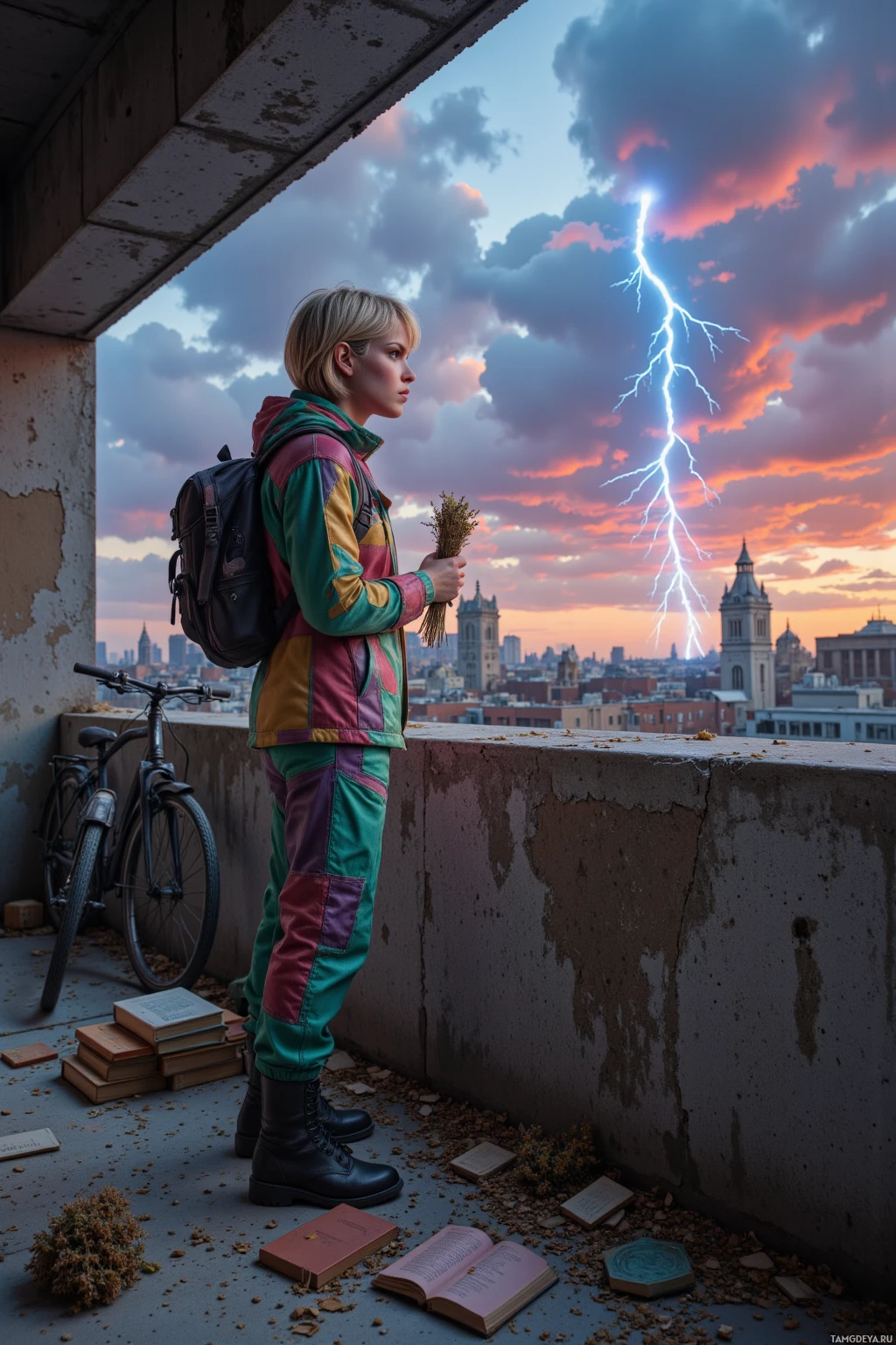 Realistic high quality photo. 19‑year‑old woman with short blonde hair, sharp blue eyes, patched scavenger outfit, backpack, combat boots, standing on rooftop of abandoned library at dusk, admiring a burst of color on a cracked wall, surrounded by salvaged books and a metal bike frame, light filtering through broken panes casting sharp lines on the floor, holding a bundle of dried herbs, trading a scrap of copper wire.