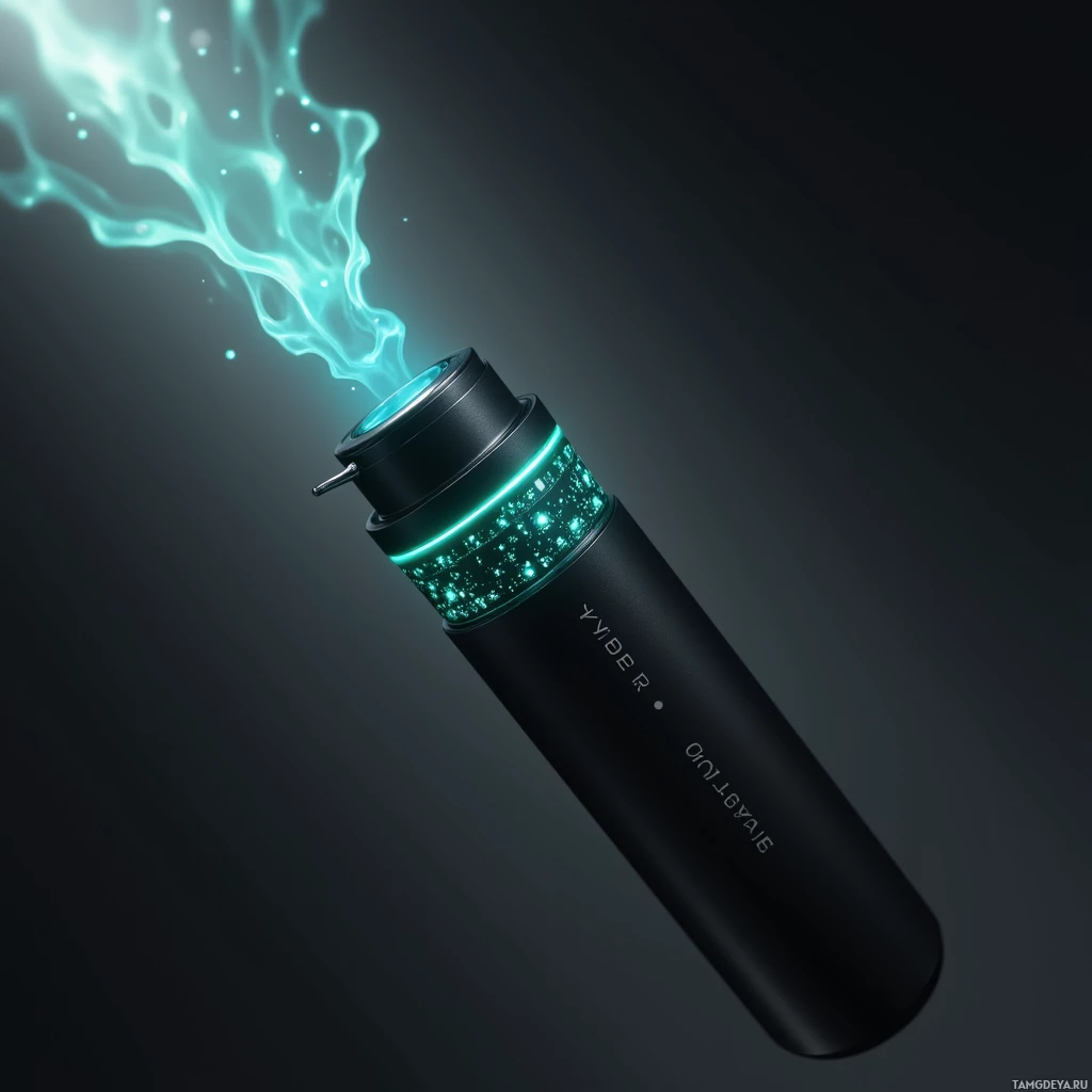 Semi-abstract image with many light, that is suitable for the post:  Black ceramic handheld device with a matte black finish, translucent OLED display emitting swirling blue–green spectral hues across touch-sensitive dots, a slender chrome‑lined nano-sprayer nozzle for precise micro-drops, and minimalistic sleek contours.