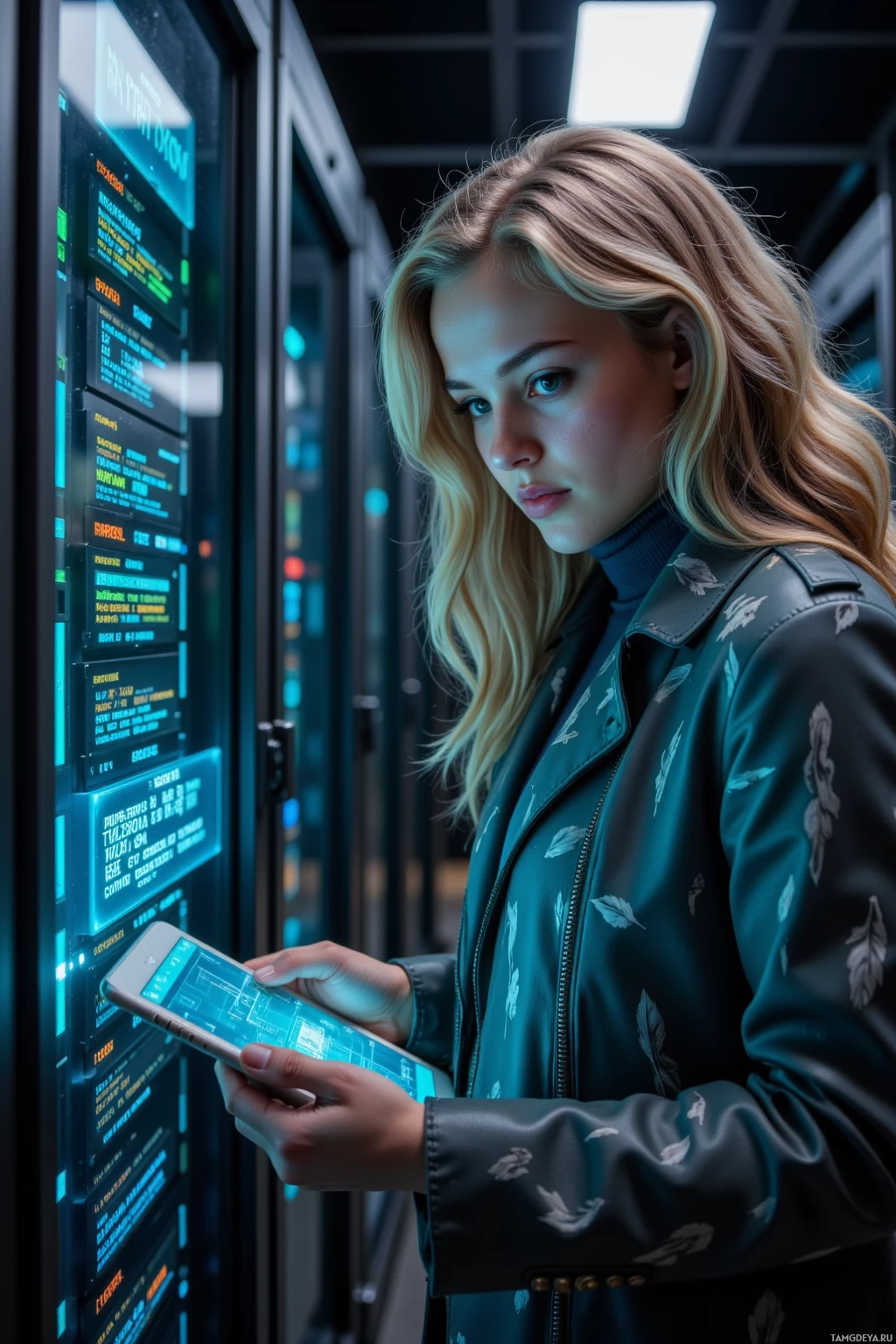 Человек в темной куртке стоит в серверной, держа в руках смартфон с подсвеченным экраном.