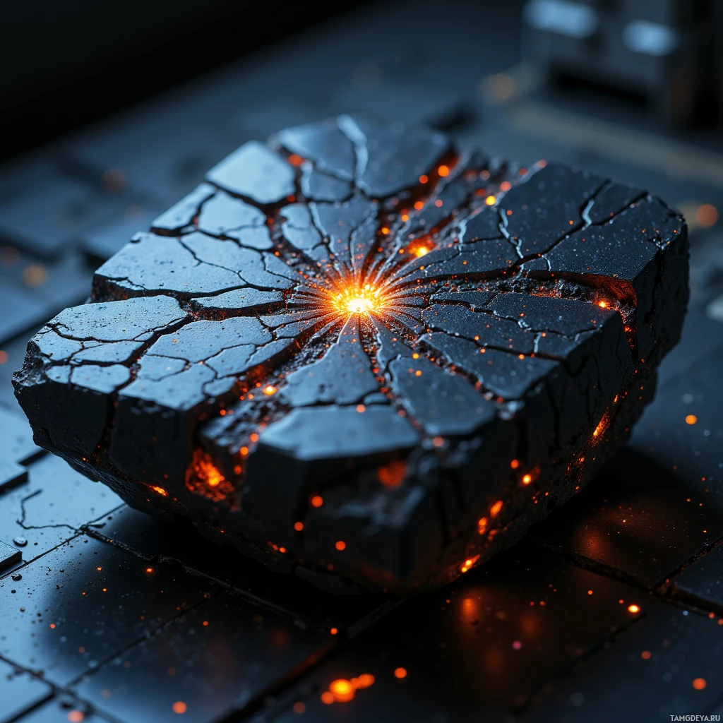 Semi-abstract image with many light, that is suitable for the post:  Palm-sized matte‑black crystal with shifting micro‑runes etched in fine detail, cool metallic surface faintly pulsing, exposed graphene circuitry visible, subtle bioluminescent glow highlighting the dynamic geometry.