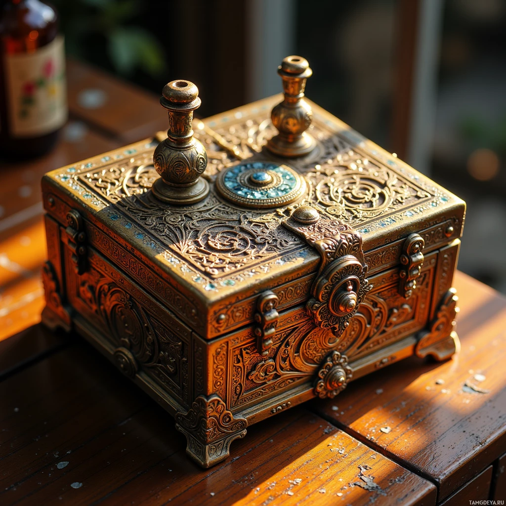 Semi-abstract image with many light, that is suitable for the post:  A brass handcrafted puzzle box with intricate silver filigree that shifts color under light, ornate hinges, hidden compartment revealing a tiny self‑powered recorder, all rendered in warm metallic tones.