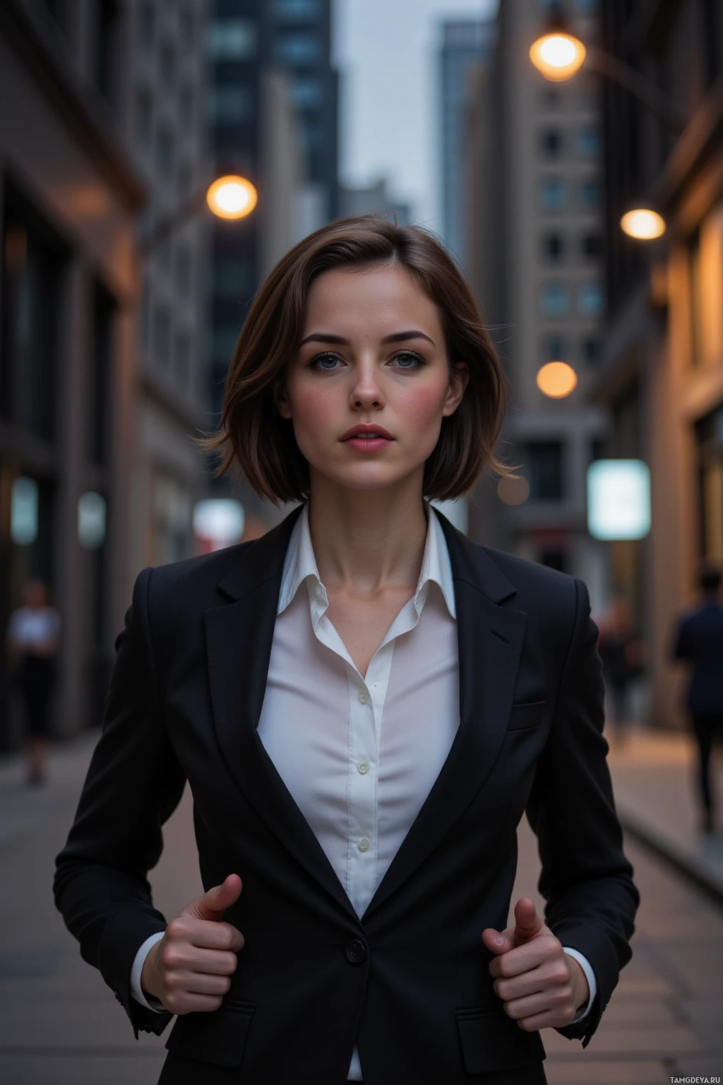 Realistic high quality photo. woman in a sharp black tailored suit and crisp white blouse, short dark brown hair, piercing blue eyes, running briskly on a quiet city street at dusk, warm streetlights casting light, disciplined stride, a dim office building with a server room in background, evening air.