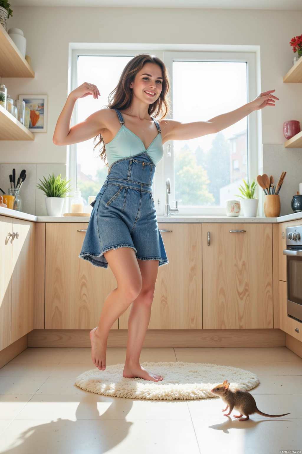Realistic high quality photo. Female 28‑year‑old woman with dark wavy hair wearing a light blue tank top and denim apron, dancing ballet‑style while vacuuming a shaggy rug in a bright modern kitchen, a small mouse scurrying by the counter nodding silently, sunlight streaming through windows highlighting her broad smile.
