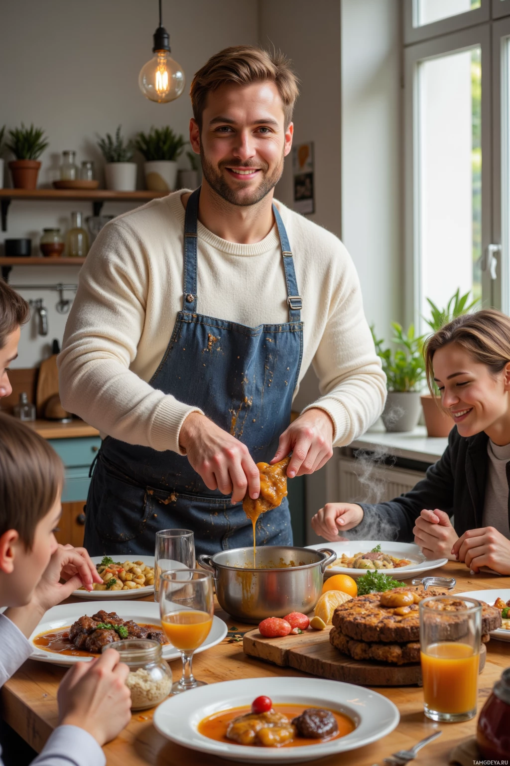Realistic high quality photo. A cheerful 31‑year‑old man with short light‑brown hair and warm eyes, wearing a cozy sweater and an apron streaked with sauce, standing in a bright modern kitchen, spilling a splash of sauce while stirring a pot of smoked paprika gravy, cumin aroma drifting up the hallway, friends gathered around a wooden table laughing, plates steaming, the air alive with the scent of triumph.