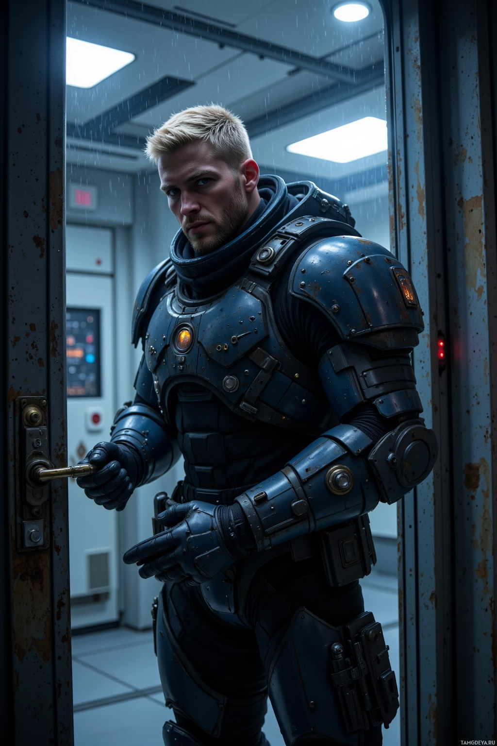 Realistic high quality photo. A broad‑shouldered 32‑year‑old man with short blonde hair and piercing blue eyes in heavy tactical armor stands at a nightfall perimeter gate, tightening metal lock bolts under flickering lights while sensor panels hum quietly around him.