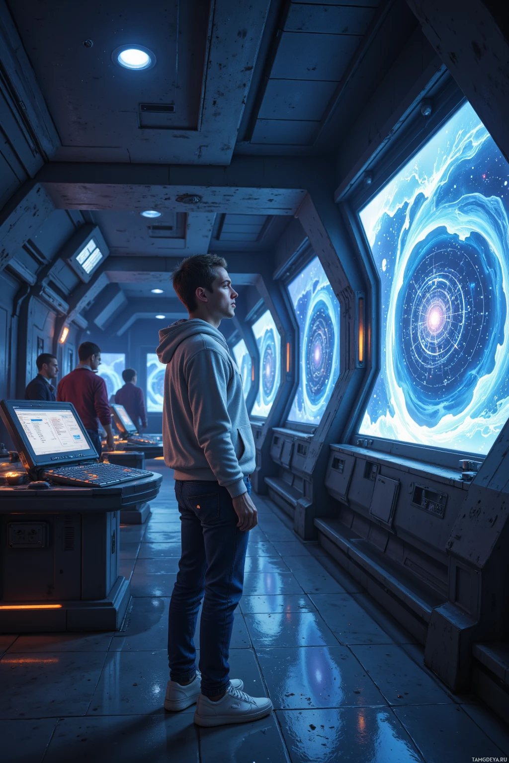 Realistic high quality photo. Male, 30, light brown short hair, blue eyes, pale skin, wearing a relaxed space-themed hoodie, blue jeans, comfortable sneakers, standing alone in a starship observation deck at night, focused on a glowing holographic star map with swirling stellar patterns, a data log screen pinging beside him while crew members in distant control panels chat, illuminated by a quiet, subtle cosmic glow.