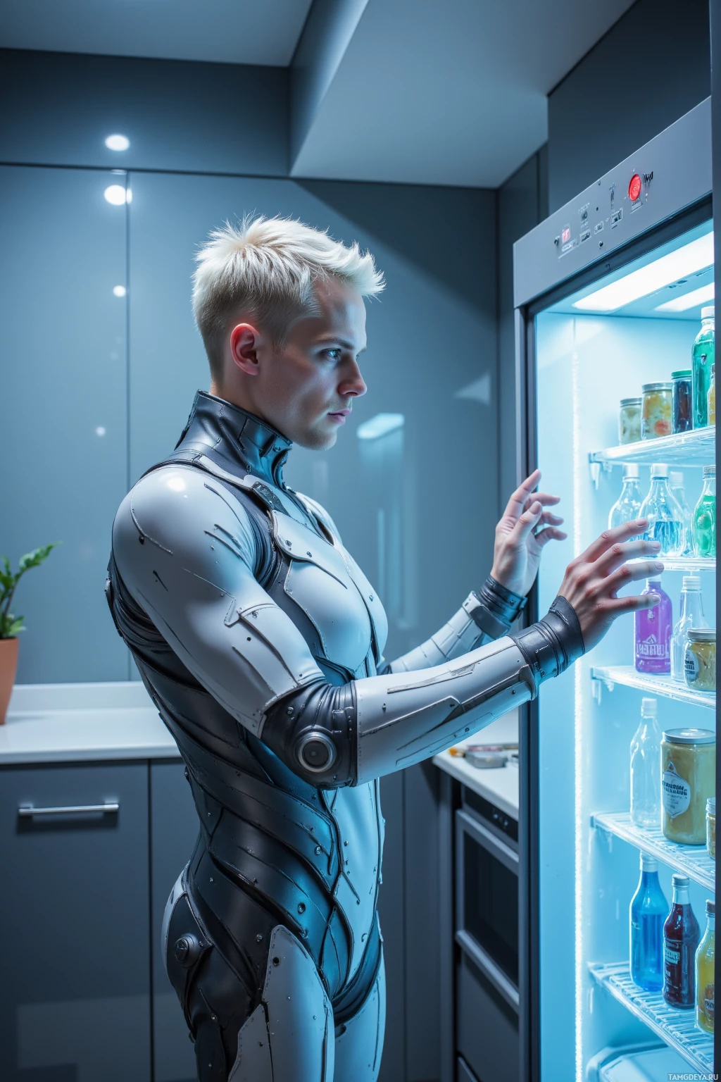 Realistic high quality photo. Male 34-year-old with short platinum hair, pale skin, blue eyes wearing a silver techsuit with angular panels and high collar, standing in a sleek futuristic kitchen at midday, calibrating a glowing smart fridge’s holographic interface with precise finger movements as soft blue ambient light fills the room.