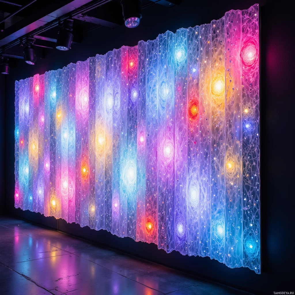 Semi-abstract image with many light, that is suitable for the post:  Wall‑sized kinetic sculpture of translucent silk threads interwoven with glowing fiber optics, panels shifting pastel colors, threads pulsing to touch, modular panels for rearrangement, creating a moving kaleidoscope of light and fabric.
