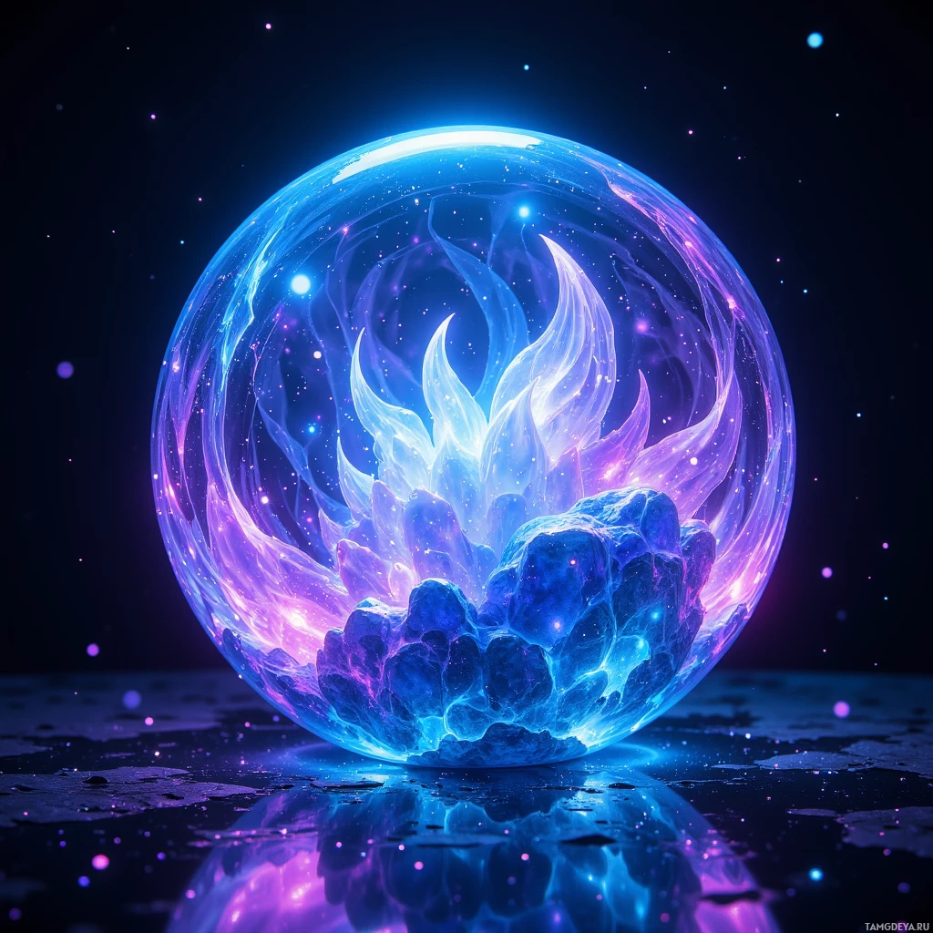 Semi-abstract image with many light, that is suitable for the post:  A crystal‑ball shaped device with an ultra‑thin transparent glass shell that glows in soft neon blue and violet, emits dynamic 3D holographic overlays in the air, has a minimalist weightless silhouette, and a subtle humming aura around it.