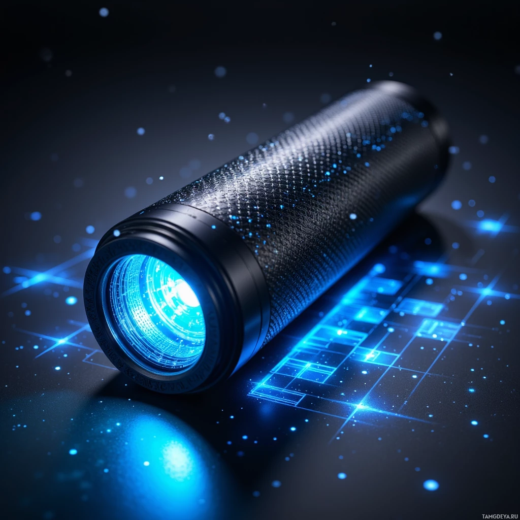 Semi-abstract image with many light, that is suitable for the post:  A sleek black cylindrical pocket-sized device with a matte carbon‑fiber shell, featuring a glowing blue core that projects holographic 3D color grids and subtle luminance overlays of cinematic scenes.