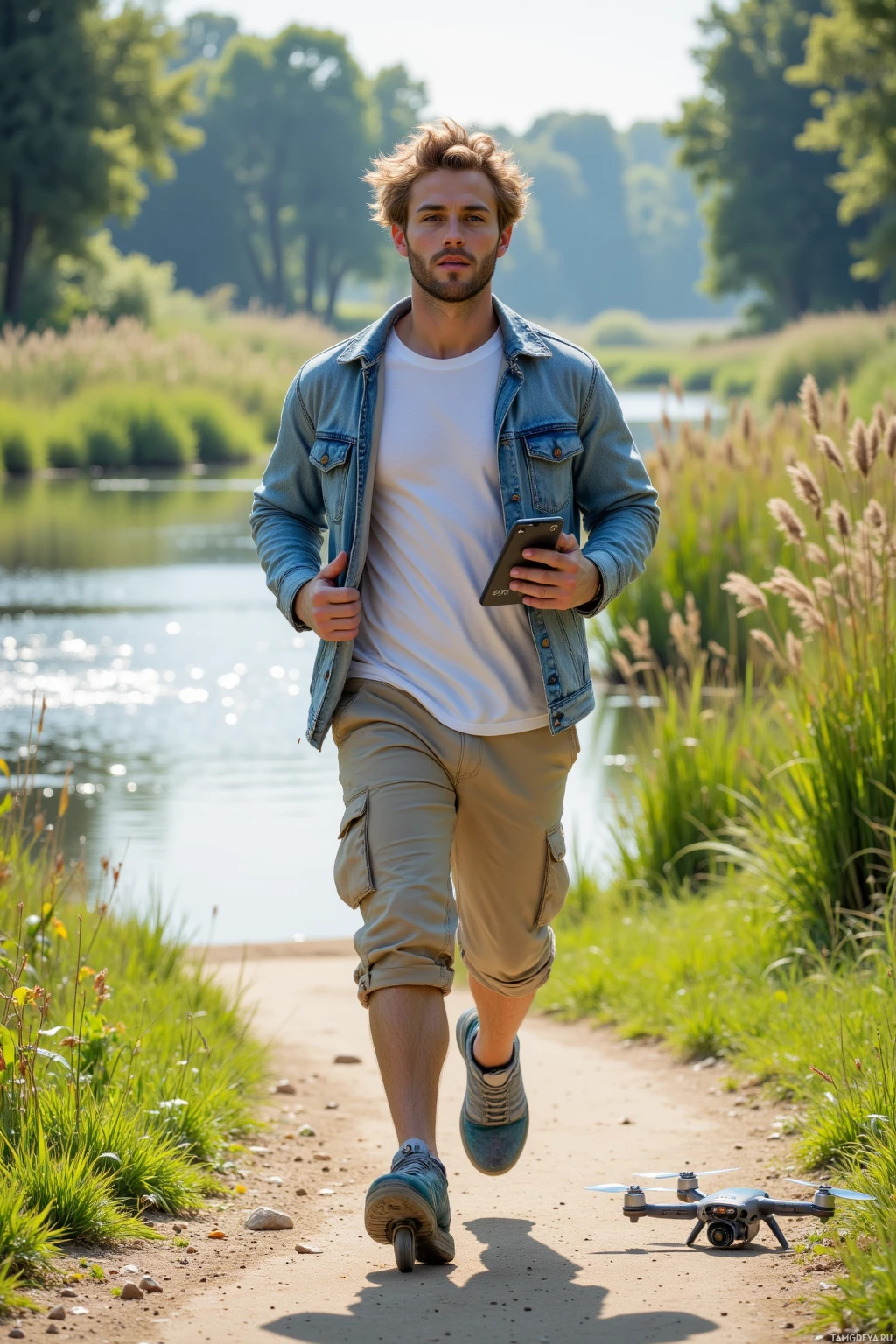 Realistic high quality photo. 21‑year‑old man with tousled light brown hair and bright blue eyes, wearing a white t‑shirt under a light denim jacket and beige cargo pants, jogs and rollerblades along a wetland trail, holding a protein bar, a tablet displaying a climate graph, and a phone buzzing with a wildlife alert, while a broken drone lies nearby amid lush reeds and rippling water in bright morning light.