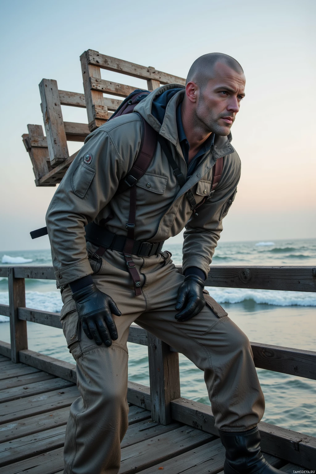Realistic high quality photo. A 34‑year‑old man with shaved head, pale skin, blue eyes, wearing a heavy grey jacket, black gloves and rugged work clothes, stands on an old wooden pier railing, hefting a 40‑kg pallet up the weathered deck against a strong wind, muscles tense and face set in a determined, stoic expression at dawn.