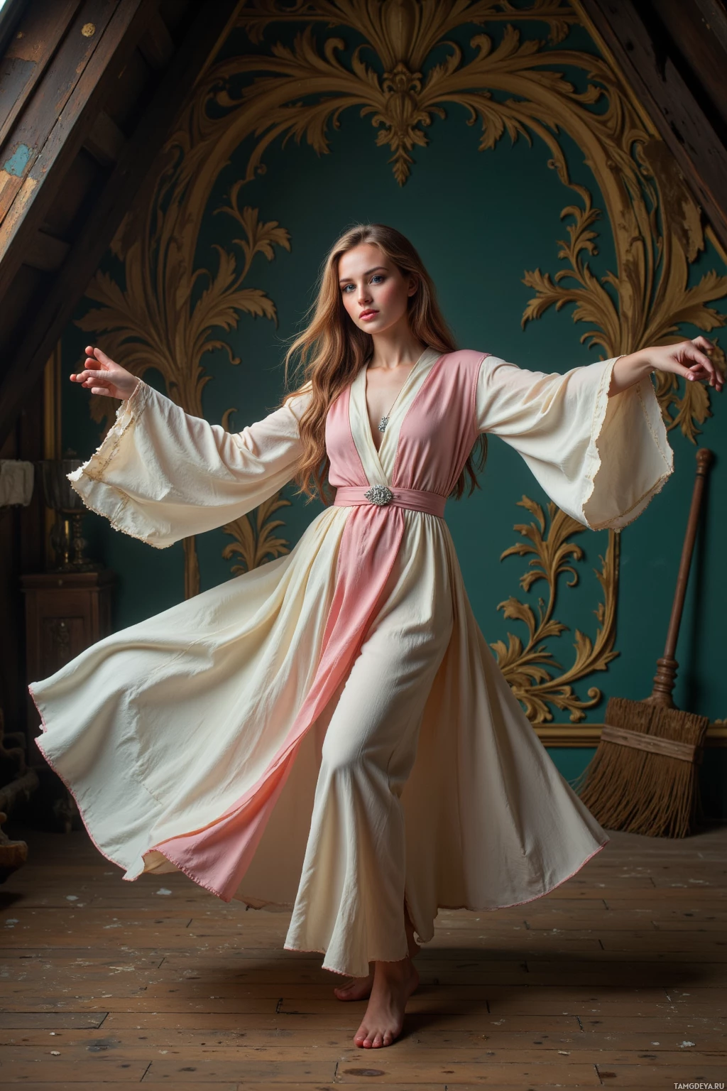 Realistic high quality photo. A 28‑year‑old woman with long light brown hair, striking green eyes and fair skin, wearing elegant flowing pastel silk robes that ripple like water and a delicate silver pendant, dancing in a moonlit attic studio surrounded by dusty tapestry, using a mischievous broom as partner while the wooden floor tiles whirl around her gracefully.