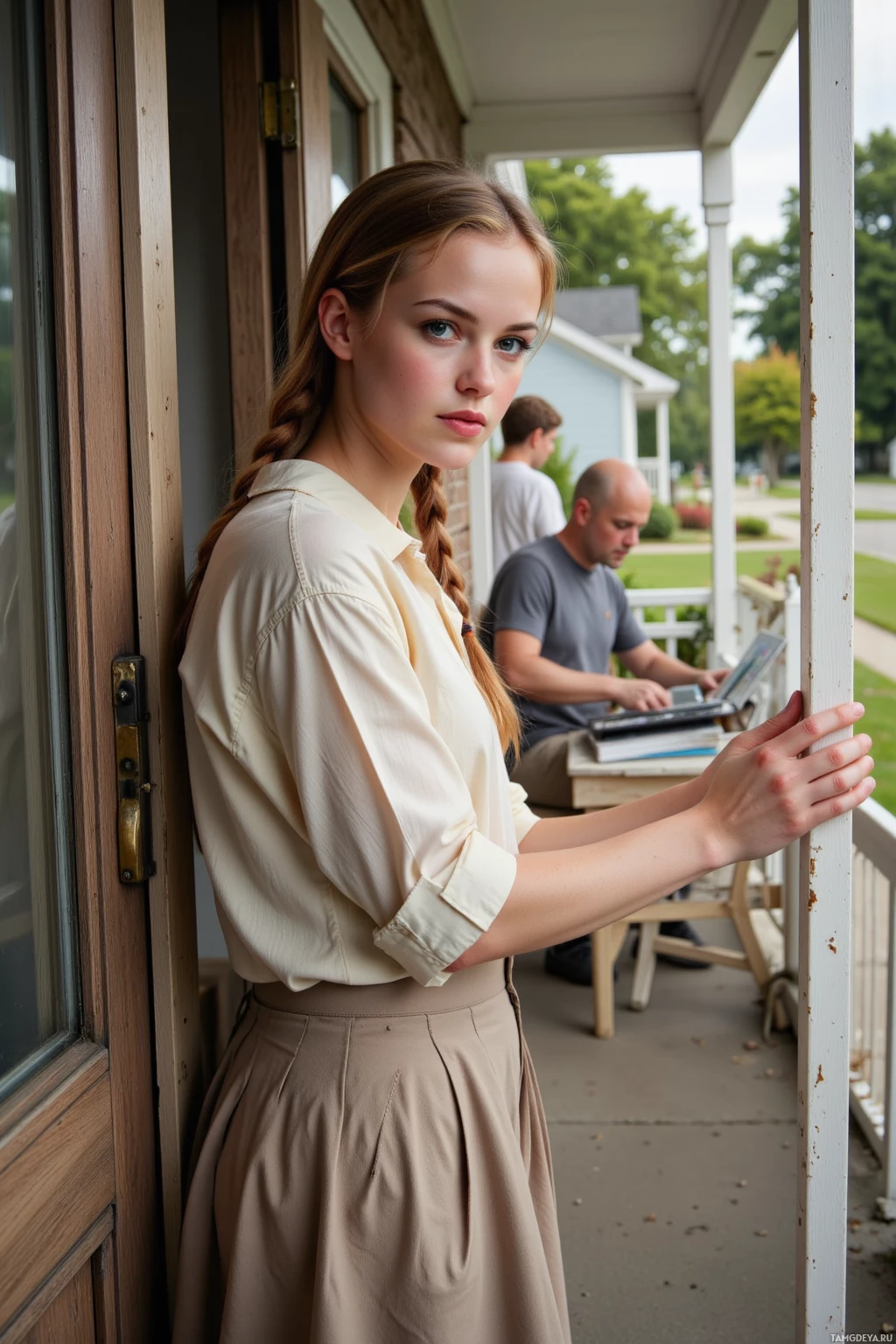 Realistic high quality photo. A 25‑year‑old woman with chestnut braided hair, pale skin and bright blue eyes, wearing a comfortable blouse and knee‑length skirt, tightening wooden hinges on a decades‑old porch in gentle morning light while a neighbor works on a modern fence and her sister sits with a stack of old photo albums, reflecting a grounded, practical family moment.