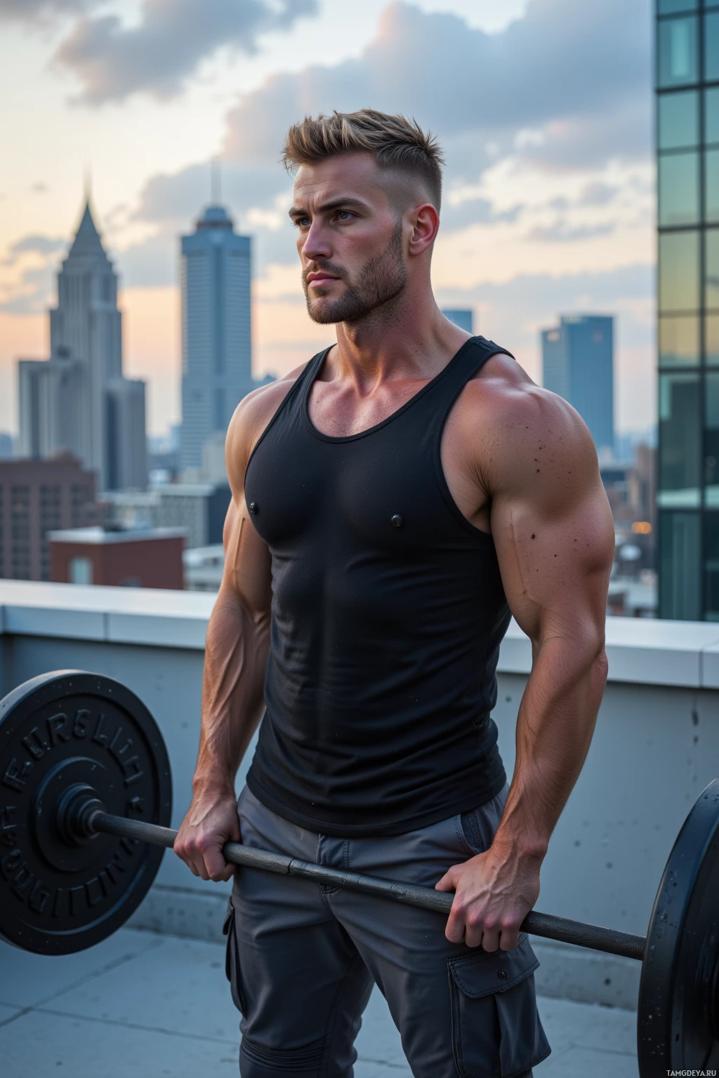 Realistic high quality photo. A 28‑year‑old muscular man with short blonde hair, piercing blue eyes and fair skin in a fitted black tank top, dark combat pants, and athletic sneakers lifts a barbell on a rooftop at dawn, wind whipping around him as he gazes over the glass towers below, his expression calm yet intensely focused.