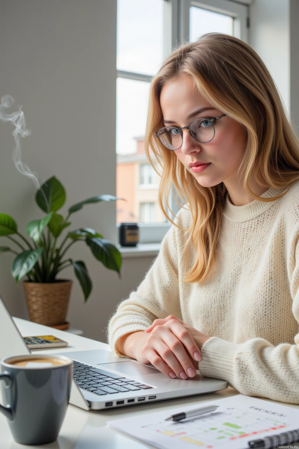 Realistic high quality photo. A 27‑year‑old woman with blonde hair, blue eyes, pale skin, wearing a soft knit sweater and round glasses, sits at a sunlit desk in a modern home office, intently studying a laptop screen displaying an escape‑room app’s logic grid while mapping routes on a notebook beside her, a steaming cup of coffee and a small potted plant adding subtle warmth.