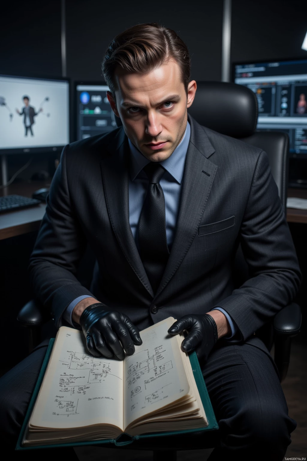 Realistic high quality photo. 41‑year‑old male filmmaker with light brown slicked‑back hair, blue eyes, wearing a charcoal tailored suit and black leather gloves, sits in a dimly lit editing suite surrounded by monitors, holding a notebook of cryptic diagrams, focused on rewriting a scene as long studio shadows and controlled lighting create a tense, controlled atmosphere.